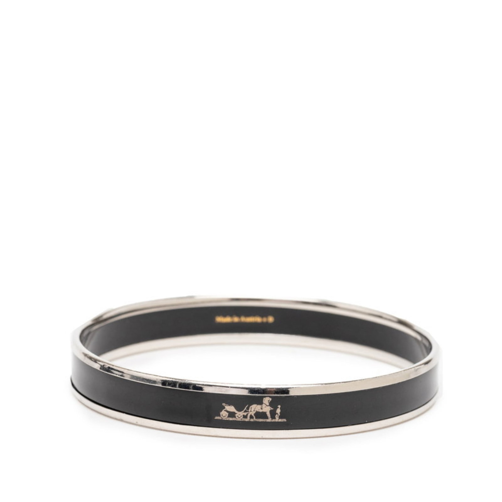 Hermes Enamel Bangle: Hermes Enamel Bangle This Hermes enamel bangle boasts a sleek black and silver design, measuring 19cm in length. With its enamel material and distinctive style, it's clear that this piece has been cra