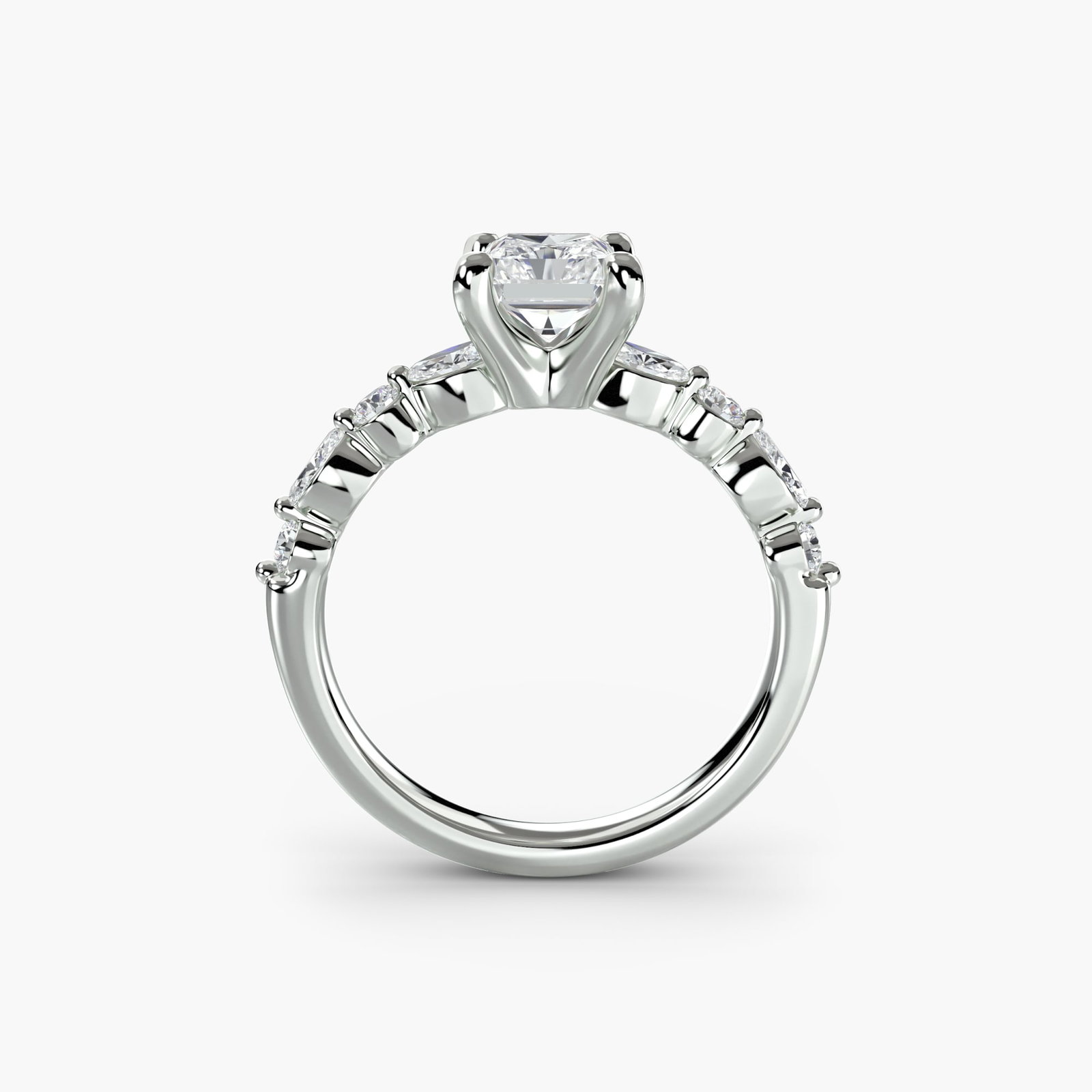 Pave Radiant 18Kt White Gold Ring Setting: Pave Radiant 18Kt White Gold Ring Setting Pave Radiant 18Kt White Gold Ring Setting features an intricate design with 8 side stones totaling 0.35 carats, set in a radiant ring shape made from 18k whit