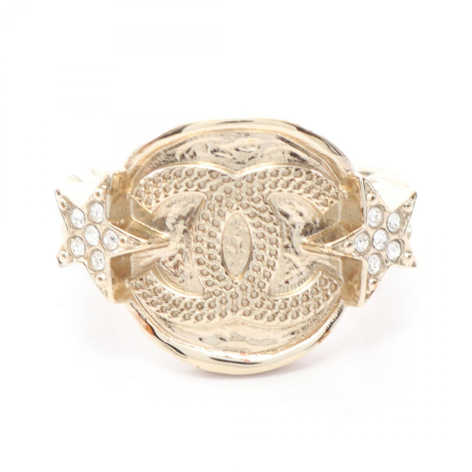 Gold Plating Rhinestone Ring Chanel: Gold Plating Rhinestone Ring Chanel Gold Plating Rhinestone Ring Chanel - A stylish band ring featuring gold plating and clear rhinestones, adding a touch of glamour to any outfit. The ring bears a