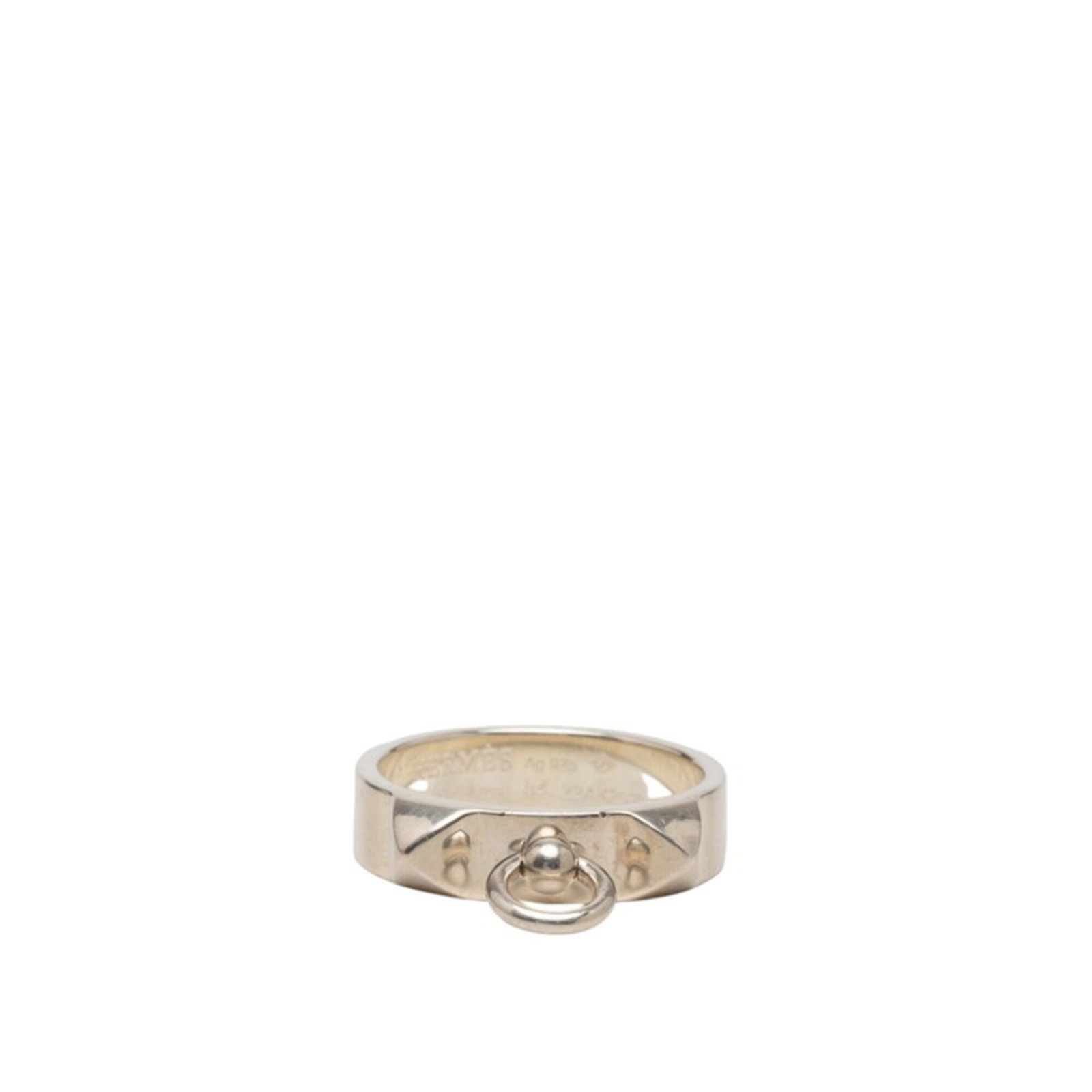 Ring Hermes Silver Band 925: Ring Hermes Silver Band 925 Silver band ring from Hermes featuring a cyan color, made from 925 sterling silver. The band shows signs of usage with minor scratches and dirt, but remains in good