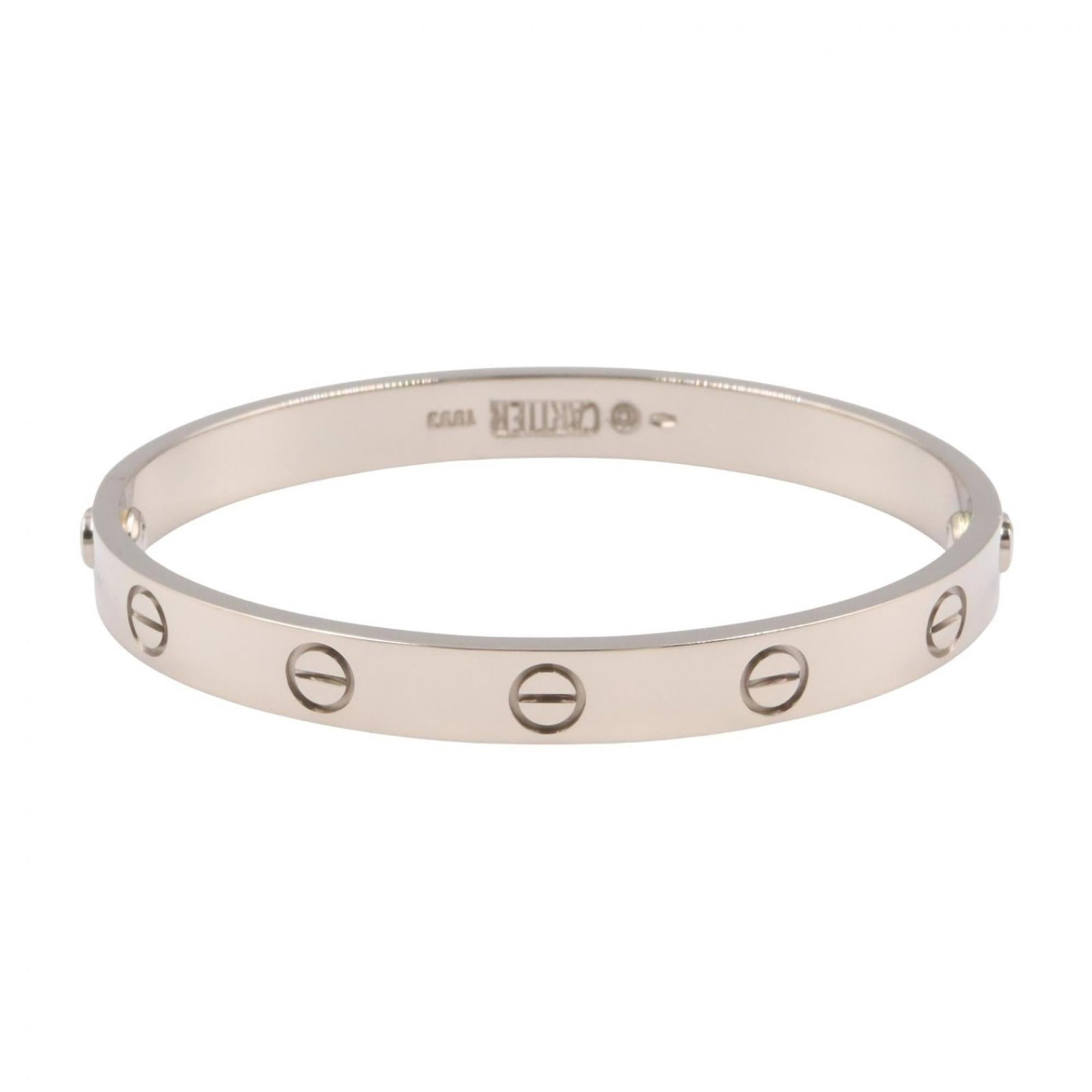 Cartier bangle gold white: Cartier bangle gold white White gold Cartier bangle, crafted from 18K material, bears a subtle presence of wear. The item's condition is described as used but nearly new, with hardly any signs of usag