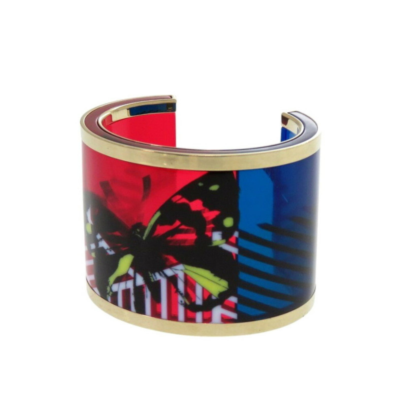 Bangle Plastic Christian Dior: Bangle Plastic Christian Dior This Christian Dior bangle features a striking blue, gold, and red design, showcasing the iconic brand's signature style. Made from durable plastic, its 16cm length adds 