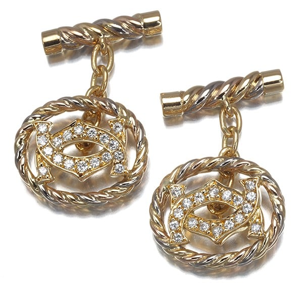 Rare Cartier Cufflinks Diamond 2C Double C C2 3Color 18K Yg/ Wg/ Rg: Rare Cartier Cufflinks Diamond 2C Double C C2 3Color 18K Yg/ Wg/ Rg 18k Cartier Cufflinks with Natural Diamond Feature a Unique Double C Design, Showcasing Three Colors of Gold in a Multi-Tone Finish.