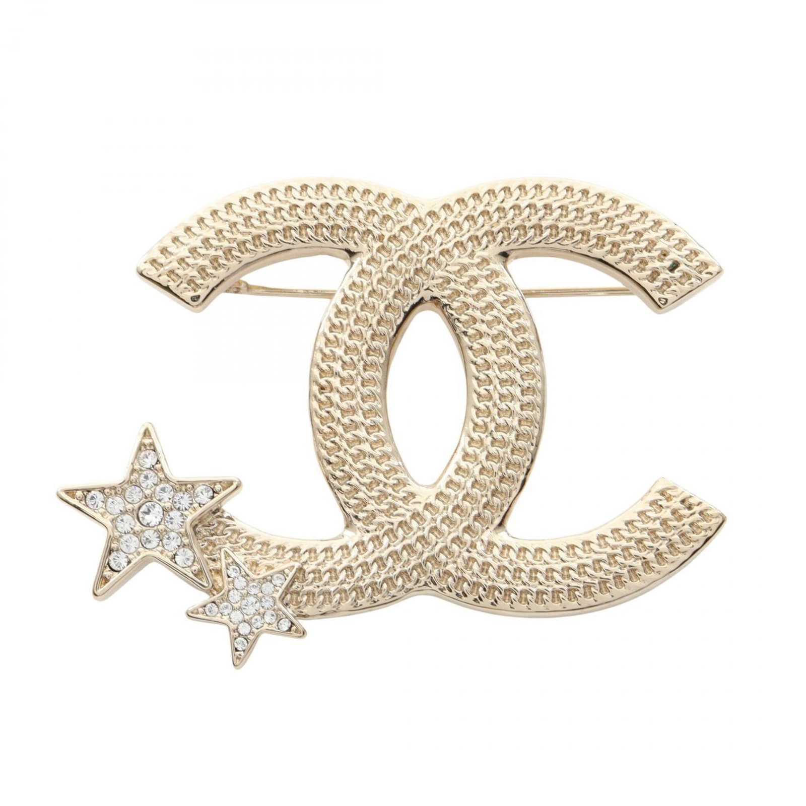Chanel Brooch Gold Plating Rhinestone: Chanel Brooch Gold Plating Rhinestone Chanel Brooch Gold Plating Rhinestone - A stunning gold-plated brooch featuring clear rhinestones, measuring 4cm x 5.5cm, with a few traces of usage and minor scr