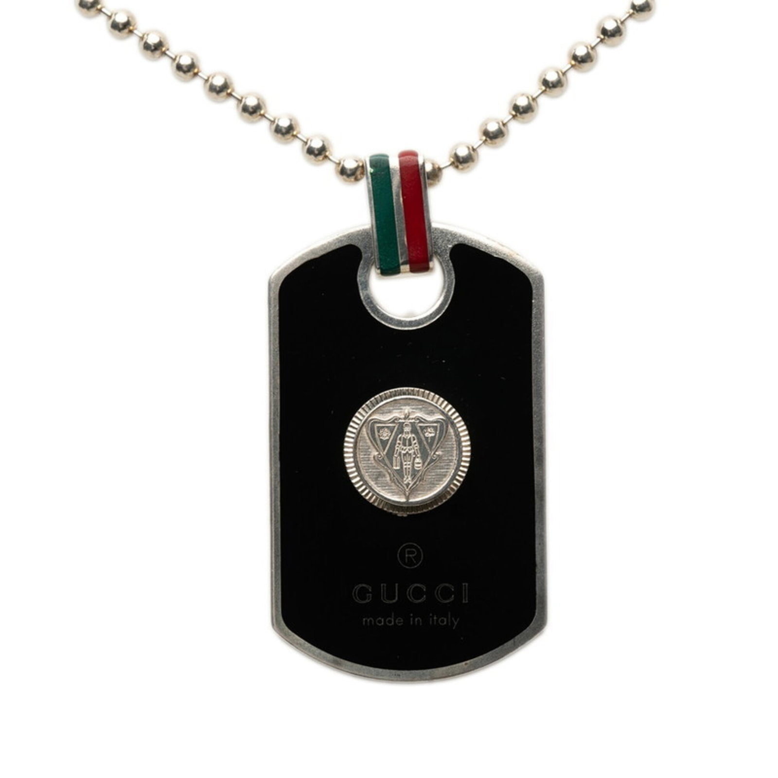 Women's Gucci crest silver necklace dog tag ball chain multicolor Sv925 line sherry.: Women's Gucci crest silver necklace dog tag ball chain multicolor Sv925 line sherry. Silver Gucci crest necklace features a multicolor design with a ball chain and dog tag, crafted from high-quality 9