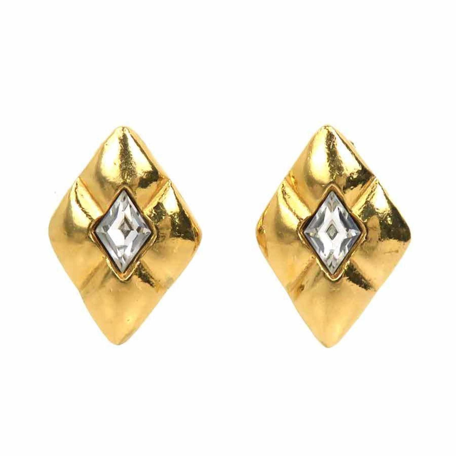 Metal Rhinestone Clip Chanel Earrings: Metal Rhinestone Clip Chanel Earrings Metal Rhinestone Clip Chanel Earrings are a statement piece featuring gold and silver metal with intricate rhinestones. The earrings have a clip design, measuring