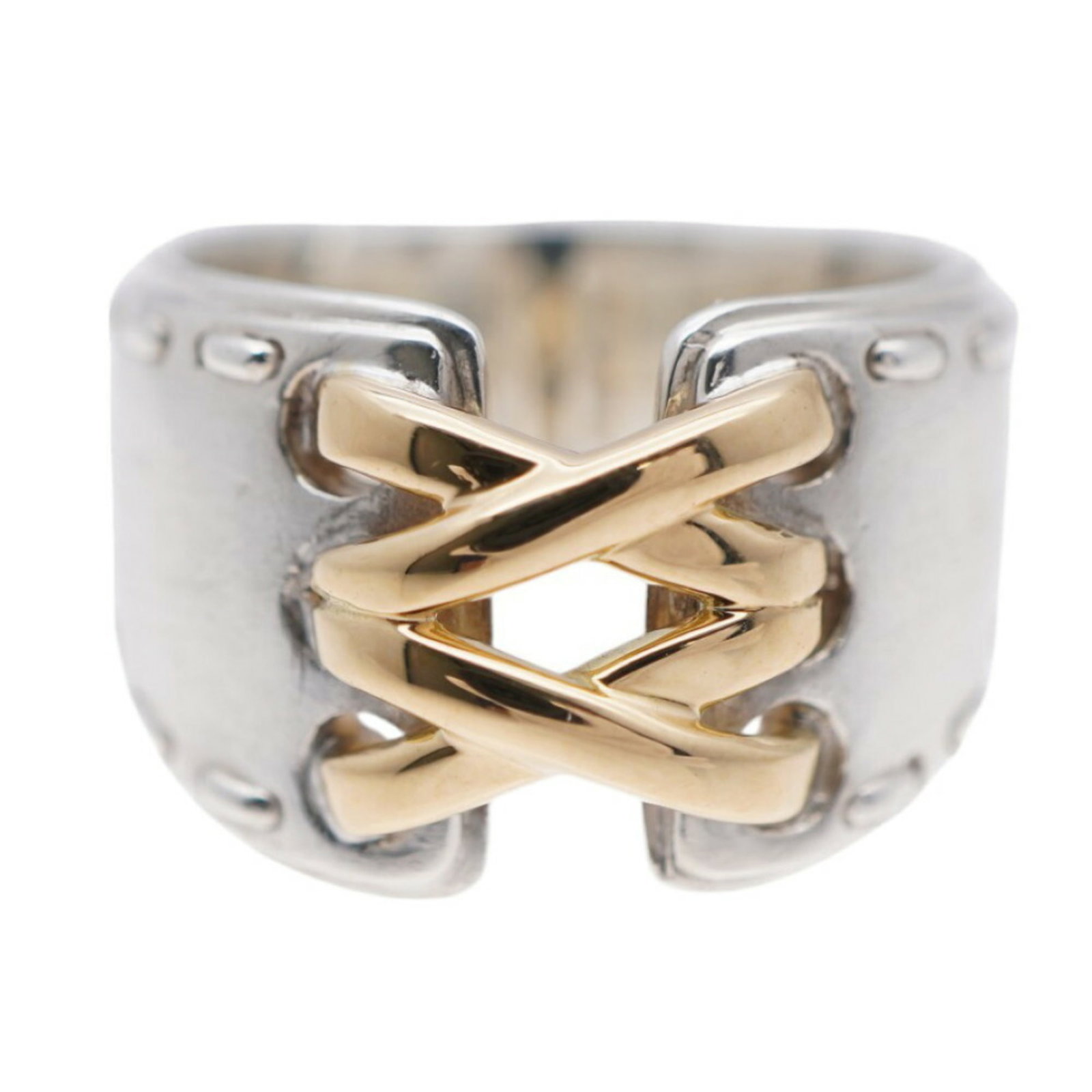 Hermes Band Ring Silver 925 Yellow Gold (18K): Hermes Band Ring Silver 925 Yellow Gold (18K) Silver and yellow gold band ring from the iconic French fashion house Hermes, crafted with 18K yellow gold and sterling silver. This 51mm wide ring featur