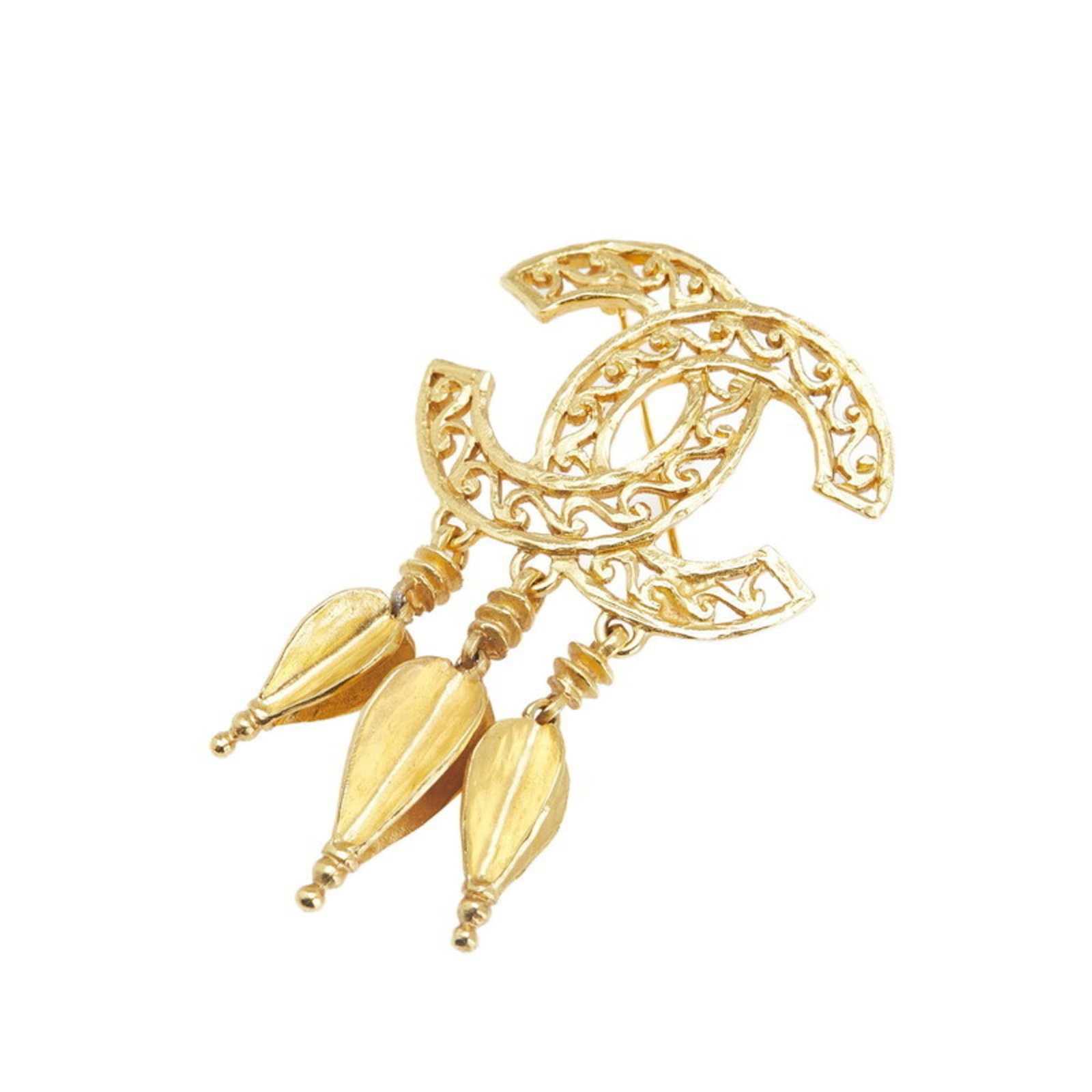 Chanel Brooch: Chanel Brooch This vintage Chanel brooch boasts a timeless gold finish, adding a touch of sophistication to any outfit. With its elegant size and subtle scratches, it exudes a sense of understated lux