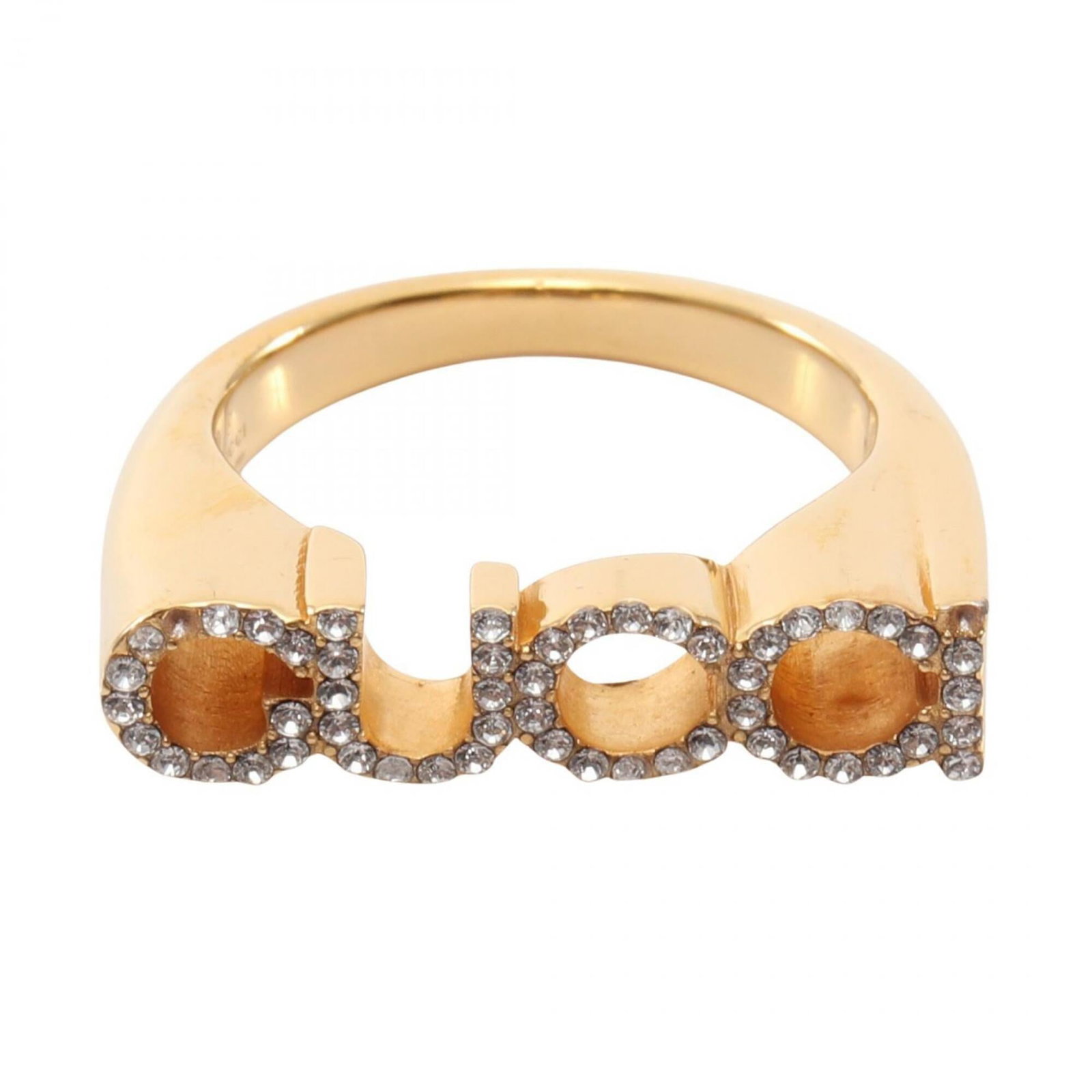 Gucci band ring gold plating: Gucci band ring gold plating Gold plating on the Gucci band ring adds a touch of luxury to any outfit, while rhinestone accents give it a playful twist. This used item features traces of usage and