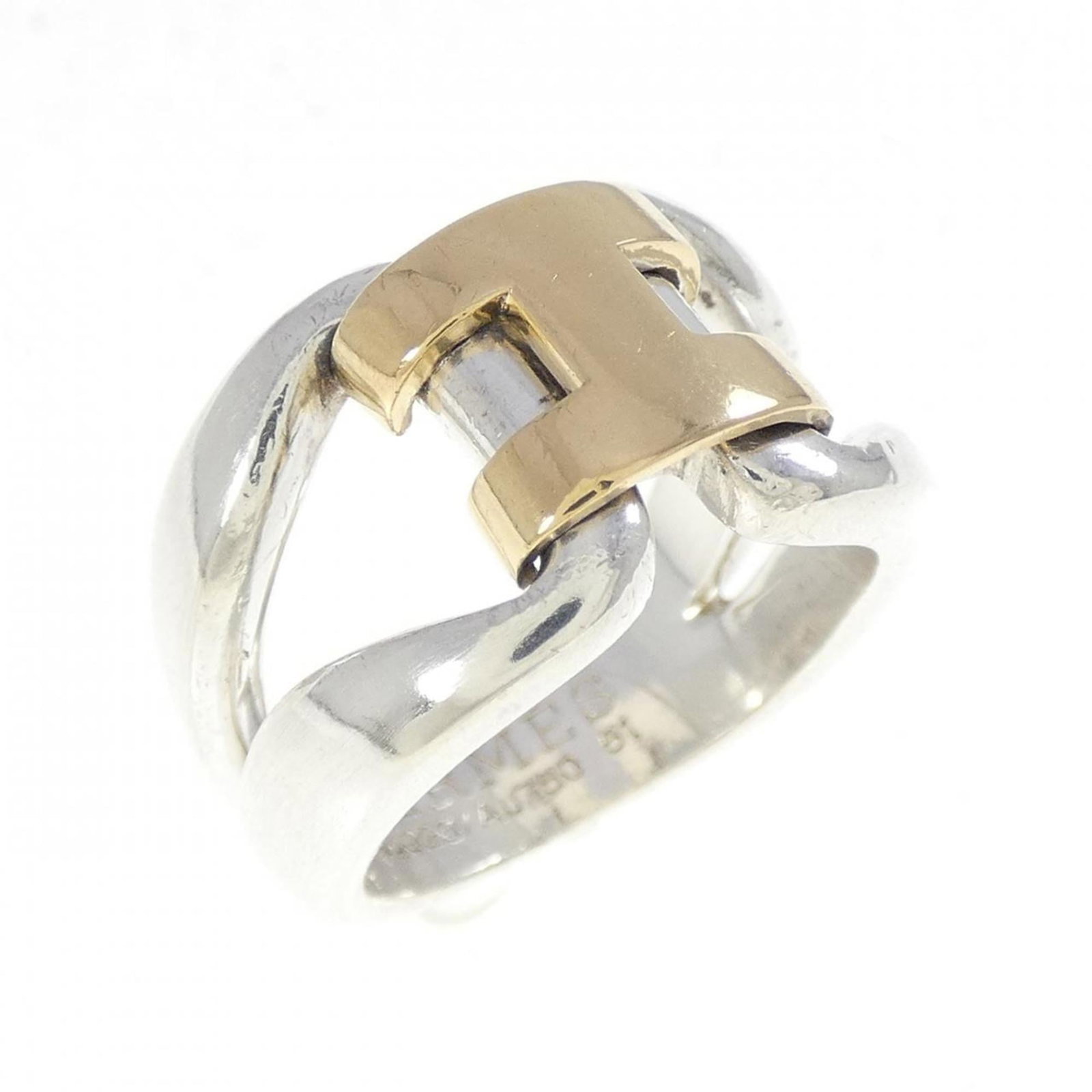 Hermes Band Ring Silver 925 Yellow Gold (18K): Hermes Band Ring Silver 925 Yellow Gold (18K) Silver 925 and 18K yellow gold band ring from Hermes, featuring a classic design with subtle details. This used ring shows signs of wear but remains in go
