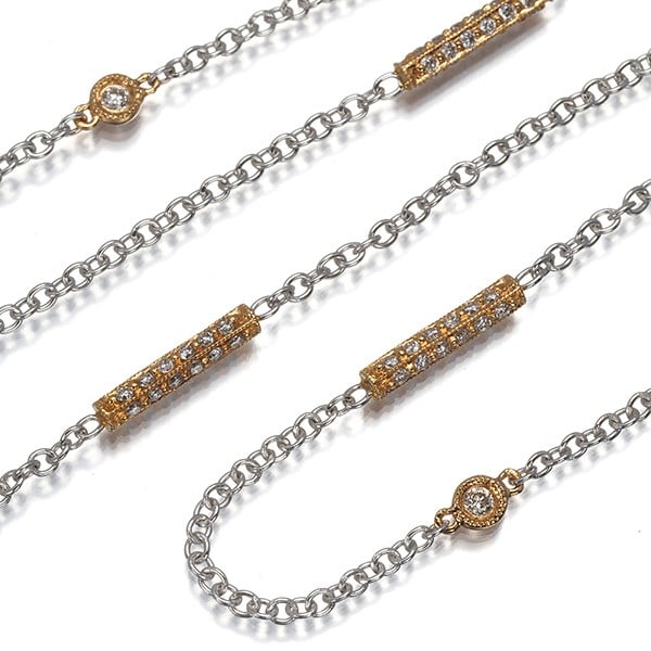 Diamond 3Color Necklace 18K 750 Yellow White Rose Gold: Diamond 3Color Necklace 18K 750 Yellow White Rose Gold Multi-tone 18k yellow, white, and rose gold creates a striking visual effect in this unique necklace. The centerpiece is a beautiful diamond set 