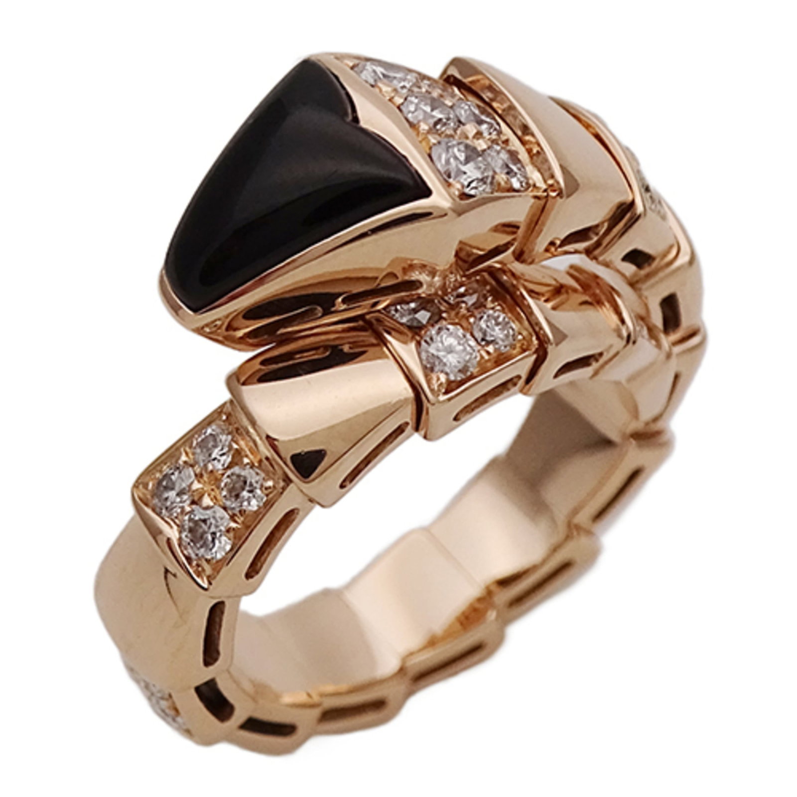 Pink Gold 18K Bvlgari Band Ring: Pink Gold 18K Bvlgari Band Ring Pink Gold 18K Bvlgari Band Ring features an elegant pink gold band adorned with a diamond and onyx stone, showcasing the luxury of Italian design. This 18K pink gold ri