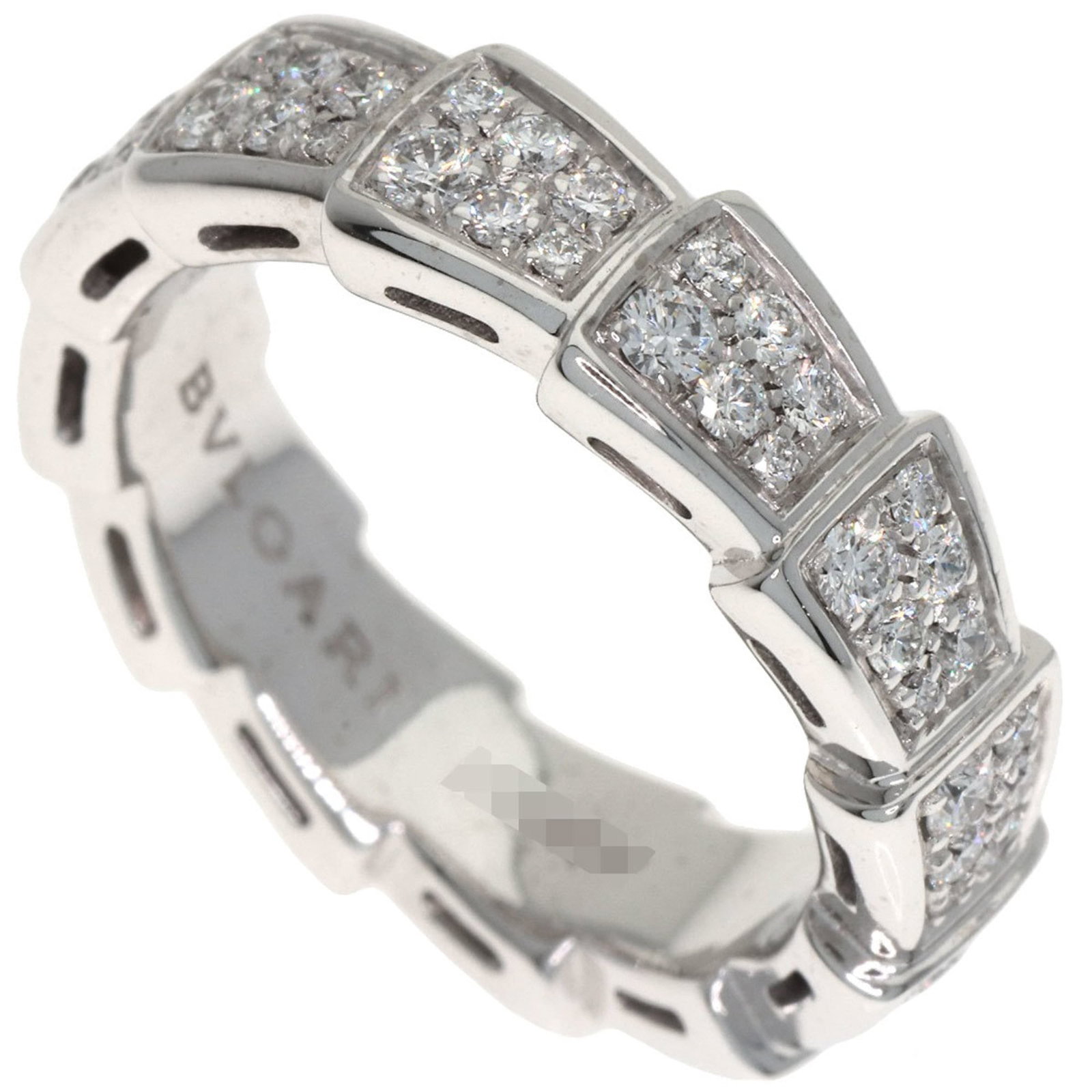 Bvlgari Band Ring White Gold (18K): Bvlgari Band Ring White Gold (18K) Bvlgari Band Ring White Gold (18K) features a stunning white gold band adorned with diamonds, showcasing the luxury brand's signature style. This 18K white gold ring