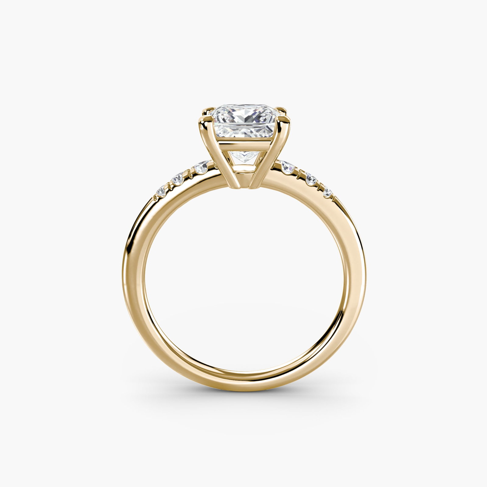 Solitaire Princess 18Kt Yellow Gold Ring Setting: Solitaire Princess 18Kt Yellow Gold Ring Setting 18Kt Yellow Gold Princess Ring Setting for a Timeless Elegance. This stunning ring setting features six lab-grown side stones totaling 0.135 carats,