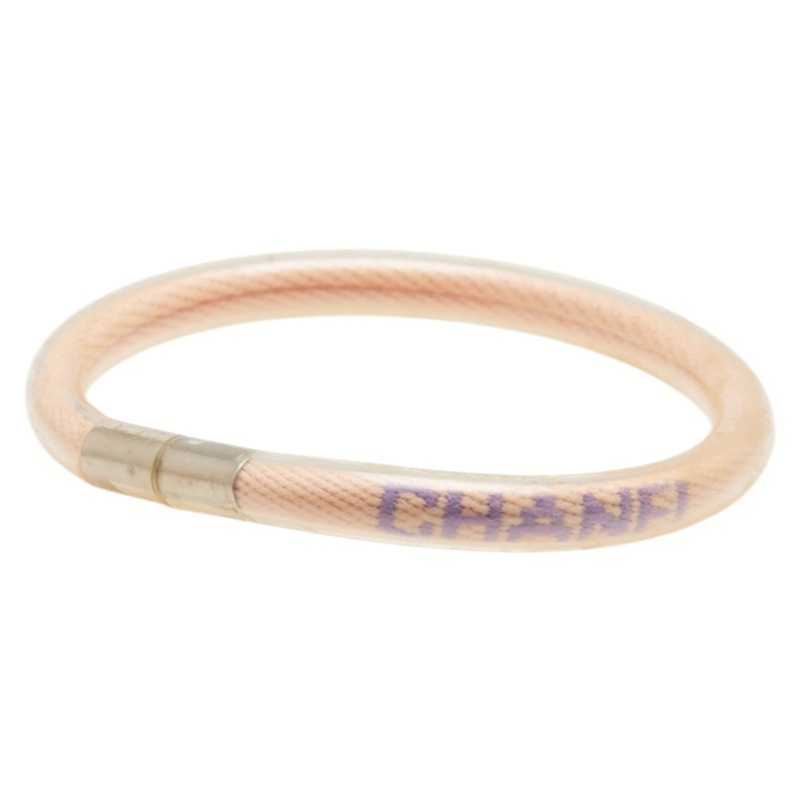 Chanel Vinyl Charm Bracelet: Chanel Vinyl Charm Bracelet This Chanel vinyl charm bracelet boasts a clear and pink hue, showcasing the iconic brand's signature style. Measuring 17cm in length, it features subtle scratches and mino