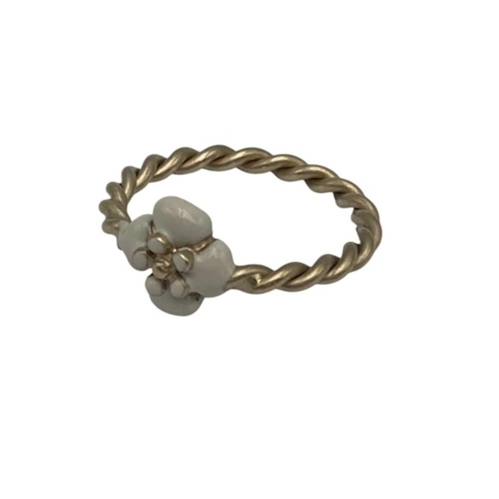 Metal Ring Chanel Band: Metal Ring Chanel Band Gold and White Metal Band Ring from Chanel, featuring a classic design with some subtle signs of wear. The ring has a few scratches and minor dirt marks, but remains in very goo