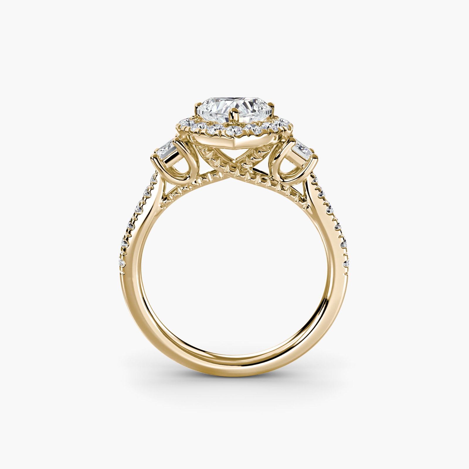 Halo Heart 14Kt Yellow Gold Ring Setting: Halo Heart 14Kt Yellow Gold Ring Setting The Halo Heart ring setting boasts a striking heart shape, perfectly complemented by 28 side stones totaling 0.766 carats in lab-grown EF/VS color and
