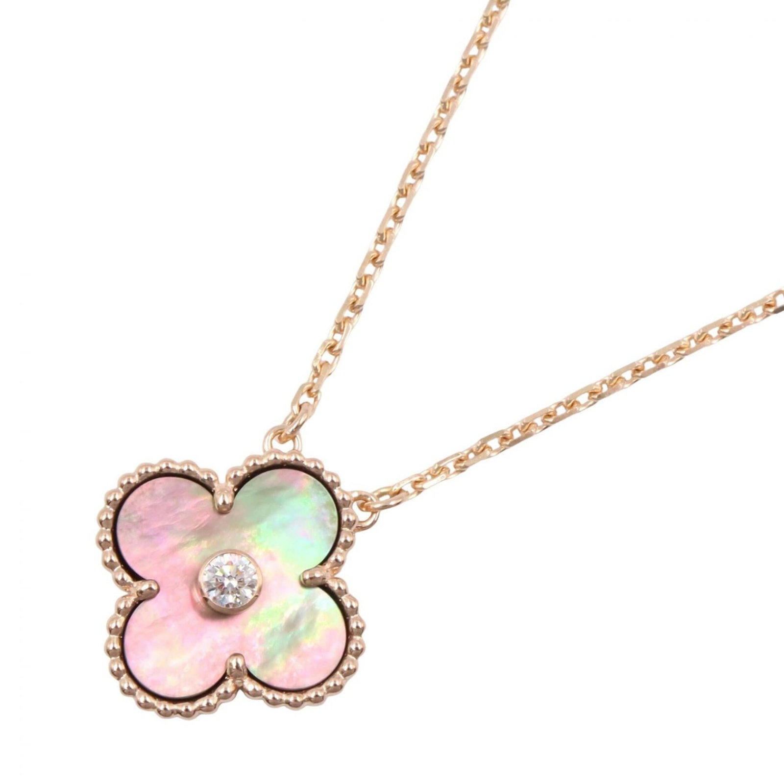 Van Cleef & Arpels Vintage Alhambra 1Pd Necklace 18K Pink Gold (Pg) Diamond Gray Mother-Of-Pearl: Van Cleef & Arpels Vintage Alhambra 1Pd Necklace 18K Pink Gold (Pg) Diamond Gray Mother-Of-Pearl 18K pink gold necklace featuring the iconic Alhambra design, adorned with clear, gray mother-of-pearl a