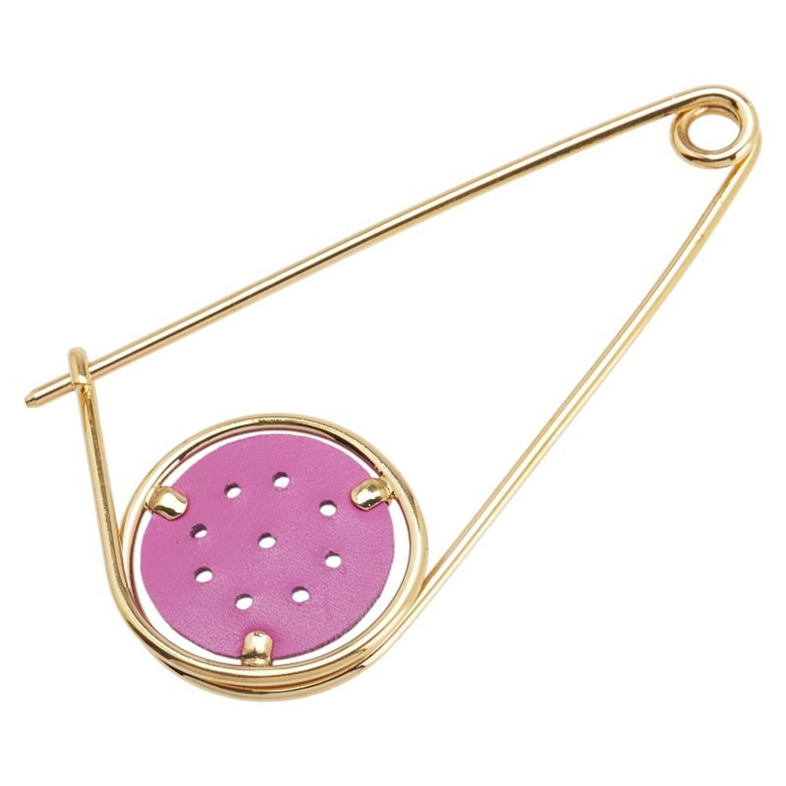Loewe Pin Brooch Leather: Loewe Pin Brooch Leather This gold and purple Loewe Pin Brooch Leather features a rich, luxurious leather design. With its signature Loewe style, it boasts a classic pin brooch shape that adds a touch