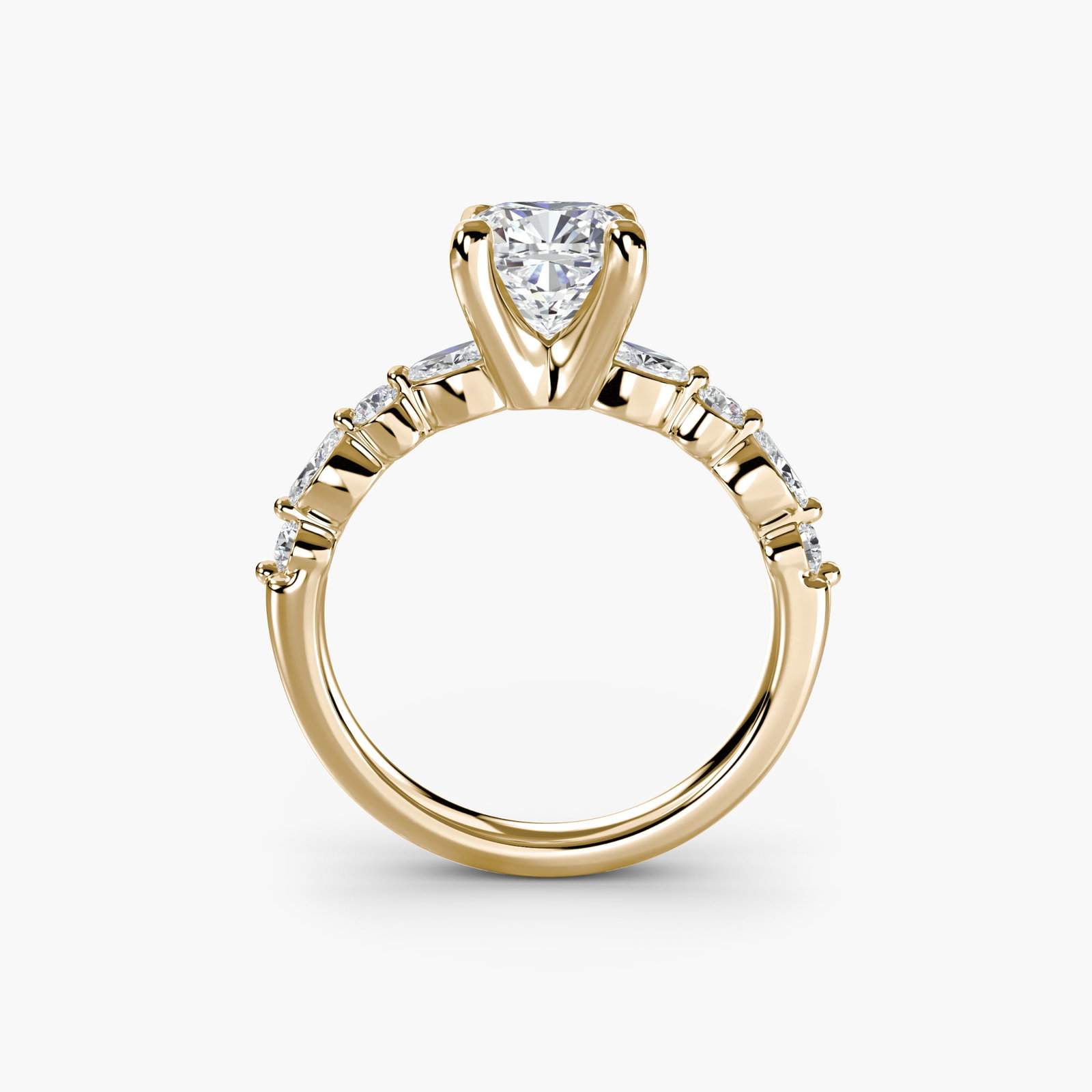 Pave Cushion 14Kt Yellow Gold Ring Setting: Pave Cushion 14Kt Yellow Gold Ring Setting Pave cushion ring setting in 14Kt yellow gold, featuring 8 side stones totaling 0.35 carats, set against a band with a width of 2.5mm and a metal weight of 3