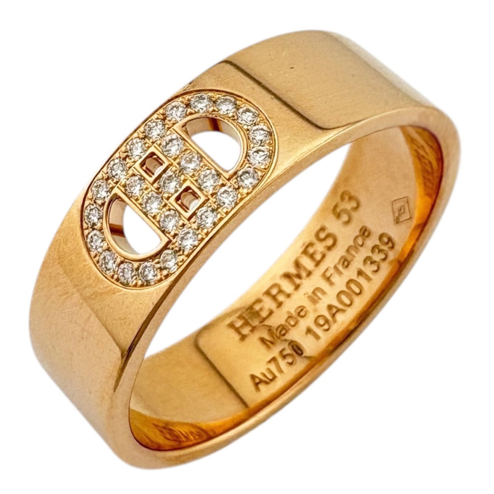 Pink Gold 18k Hermes Band Ring: Pink Gold 18k Hermes Band Ring Pink Gold 18k Hermes Band Ring features a diamond stone set in an 18k pink gold band, with a classic design that exudes timeless elegance. The ring's slender width and d