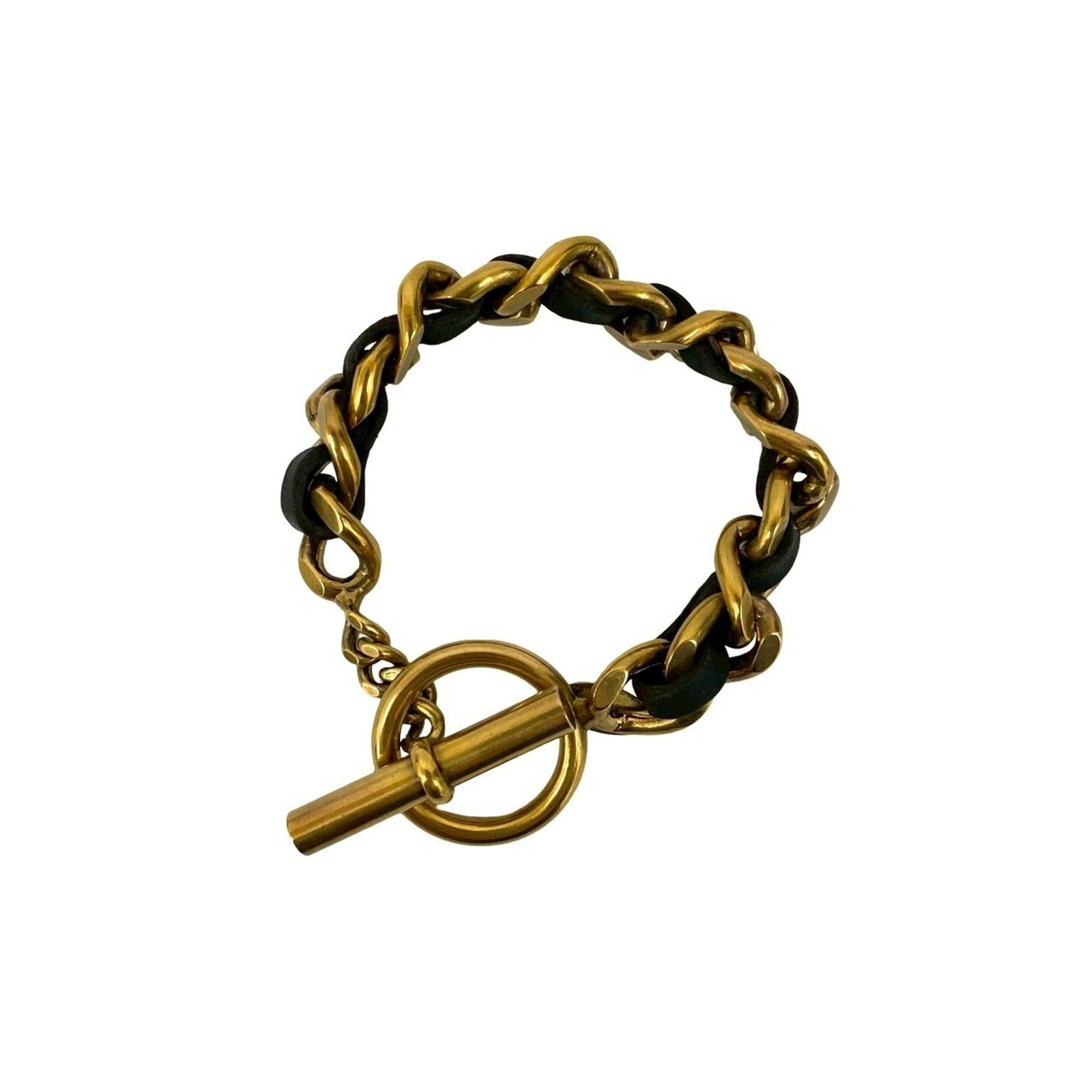 Charm bracelet gold plating leather: Charm bracelet gold plating leather Gold plating and black leather come together in this classic Chanel charm bracelet, featuring subtle scratches and signs of wear from previous use. The gold