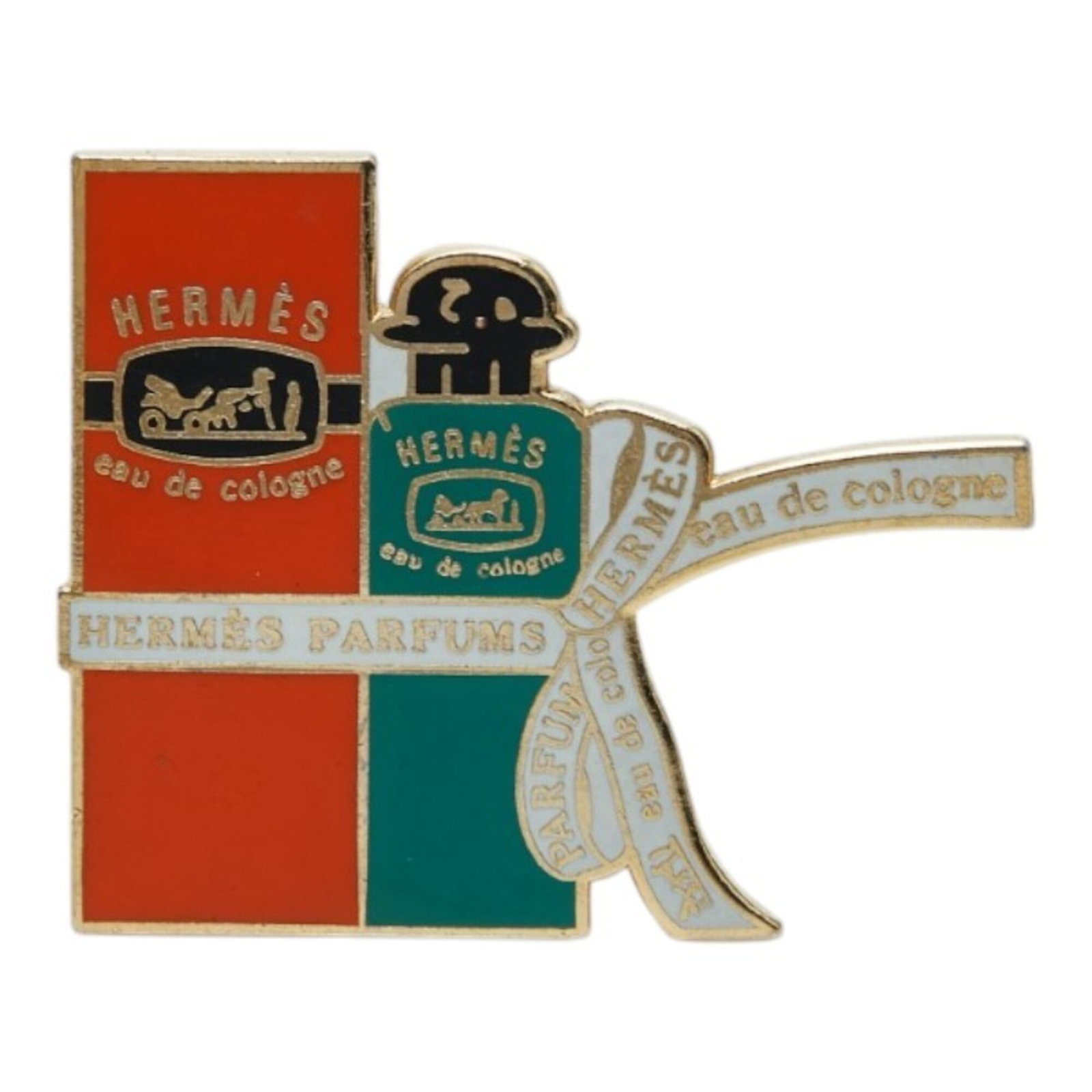 Pin brooch enamel gold plating Hermes: Pin brooch enamel gold plating Hermes Enamel gold plating Hermes pin brooch with a vibrant color palette featuring gold, green, and orange hues. The item measures 2.8cm x 3.5cm and bears signs of usag