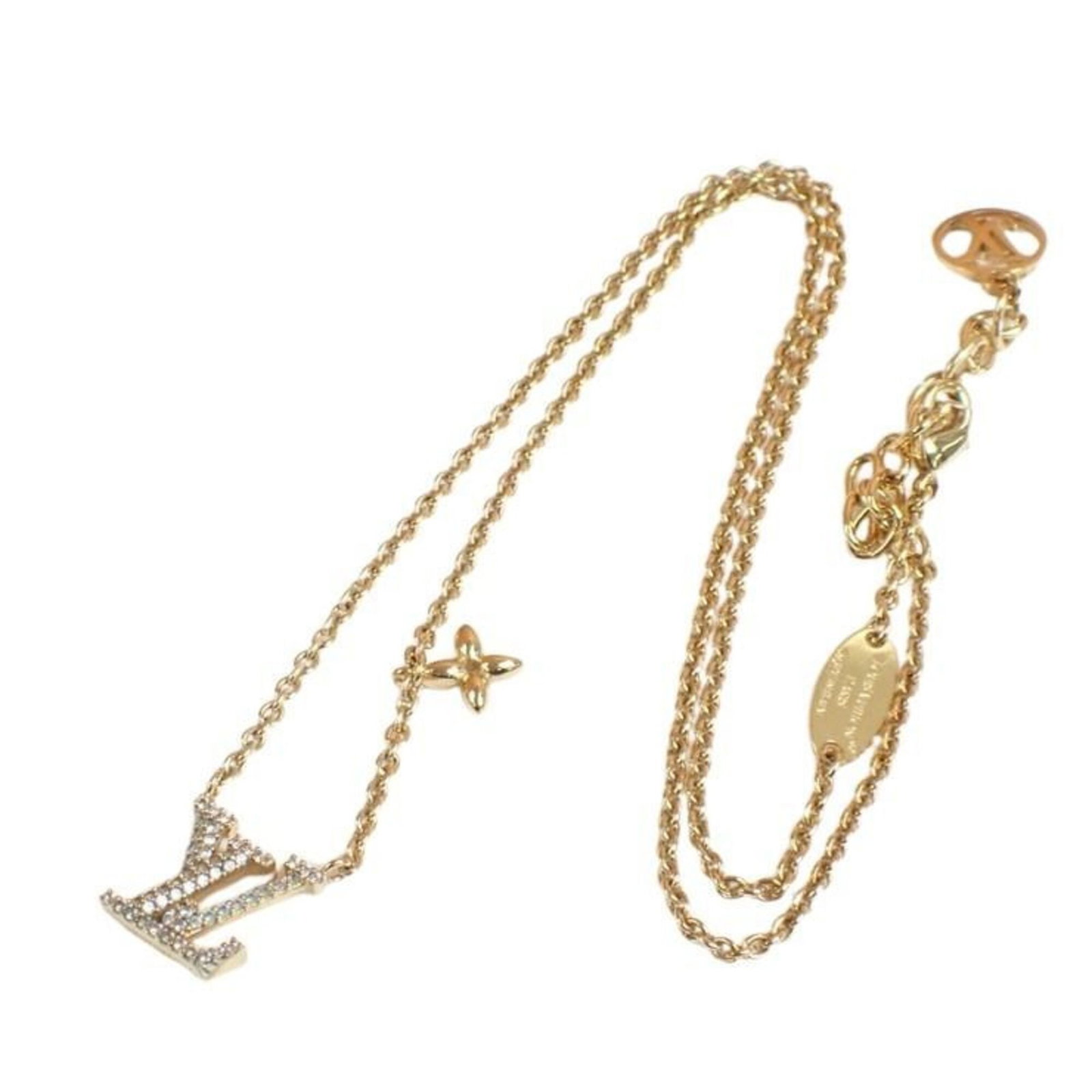 Women's gold metal LV iconic necklace M00596: Women's gold metal LV iconic necklace M00596 Gold metal Louis Vuitton iconic necklace with a pendant, measuring 13mm x 12mm. The necklace features a gold metal chain with a circumference of 45 cm and 
