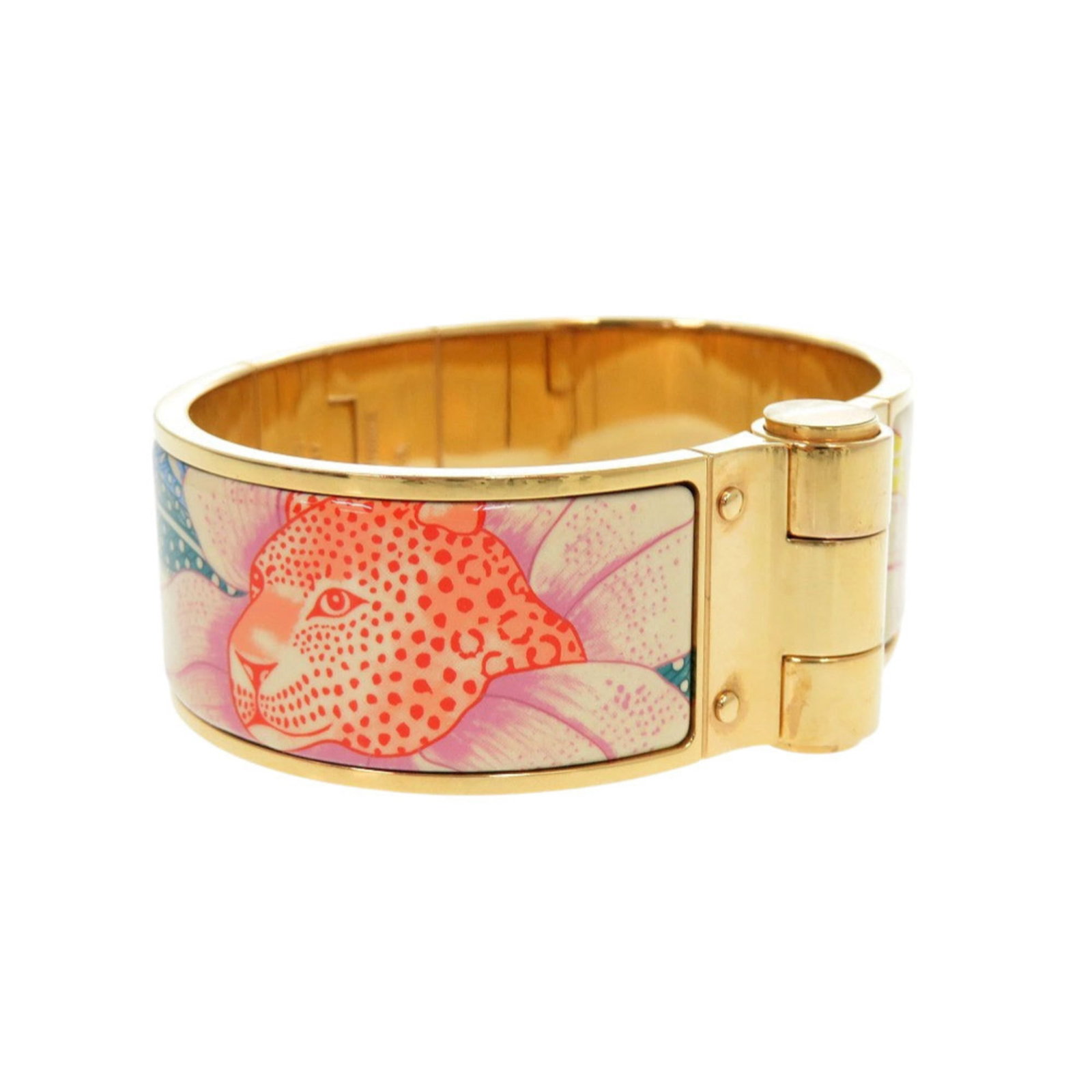 Metal Bangle Hermes: Metal Bangle Hermes Gold, Green, and Purple Metal Bangle from Hermes. This used bangle boasts a rich gold tone with striking green and purple hues, measuring 19cm in length. With some scratches and mi