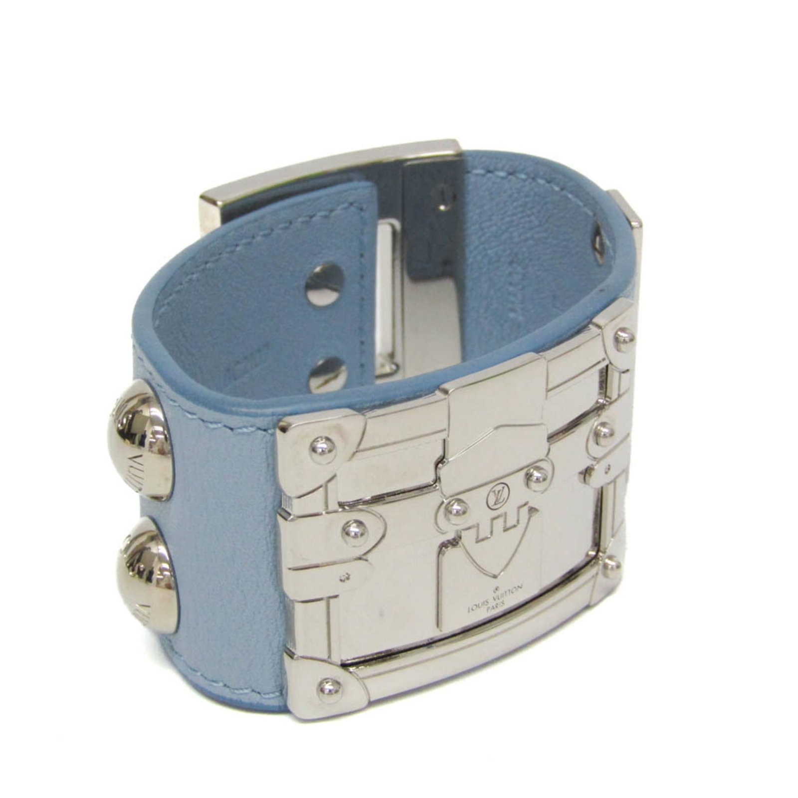 Metal Bangle Leather Louis Vuitton: Metal Bangle Leather Louis Vuitton This Louis Vuitton bangle features a striking light blue and silver design, crafted from high-quality leather and metal. Measuring 14.5cm - 16.5cm in length, it boas