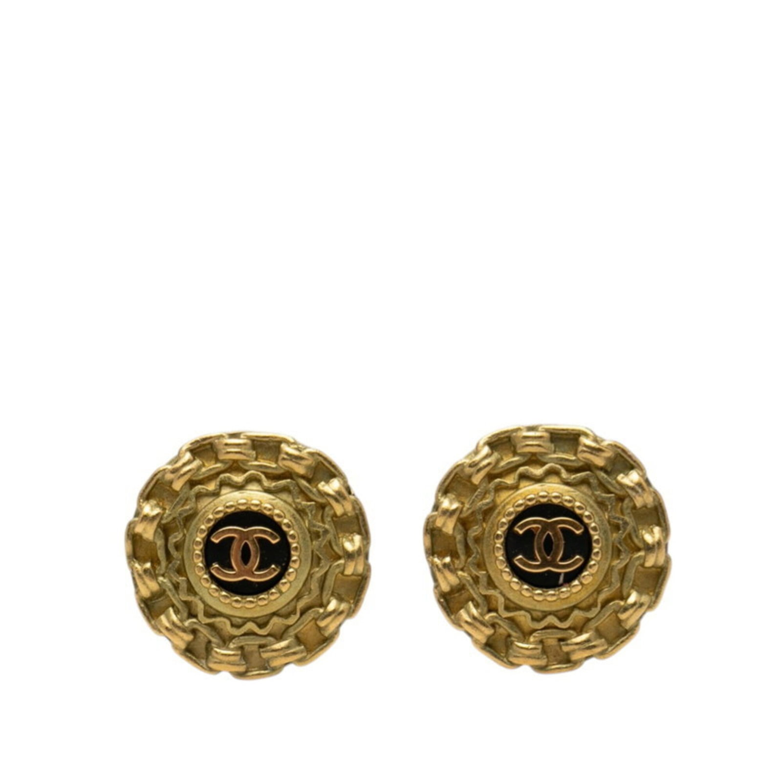 Clip earrings gold plating by Chanel: Clip earrings gold plating by Chanel Gold plating by Chanel adds a touch of luxury to these clip earrings, featuring a sleek black finish. The small size and subtle details make them easy to wear, whi