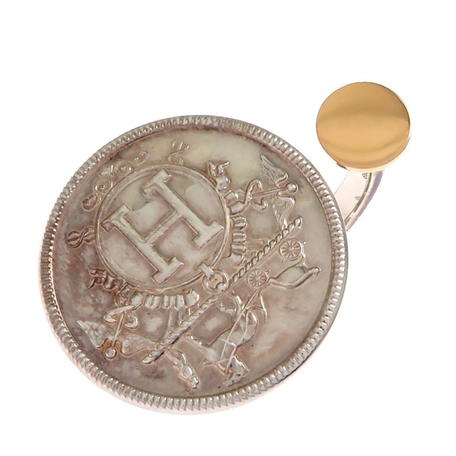 Ring Band Hermes: Ring Band Hermes Pink Gold and Silver Band Ring from Hermes, featuring an 18K gold band with silver accents. The ring measures 25mm in width and weighs 14.5g, with a US size 5.25. This pre-owned ring