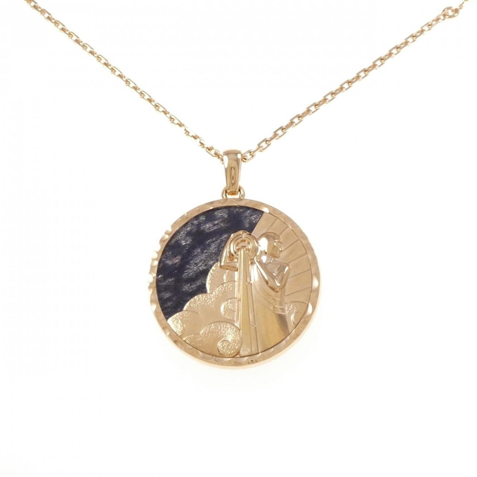 Cleef & Arpels Zodiac Necklace: Cleef & Arpels Zodiac Necklace Pink Gold Zodiac Necklace with intricate design, featuring a pendant measuring 48.3mm x 36.7mm, suitable for neck circumferences ranging from 75 cm to 91 cm. The