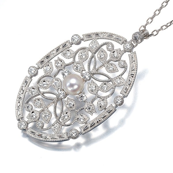 Mikimoto Necklace Akoya Pearl Diamond Flower Leaf Milgrain Long 18K Wg (1 of 4)