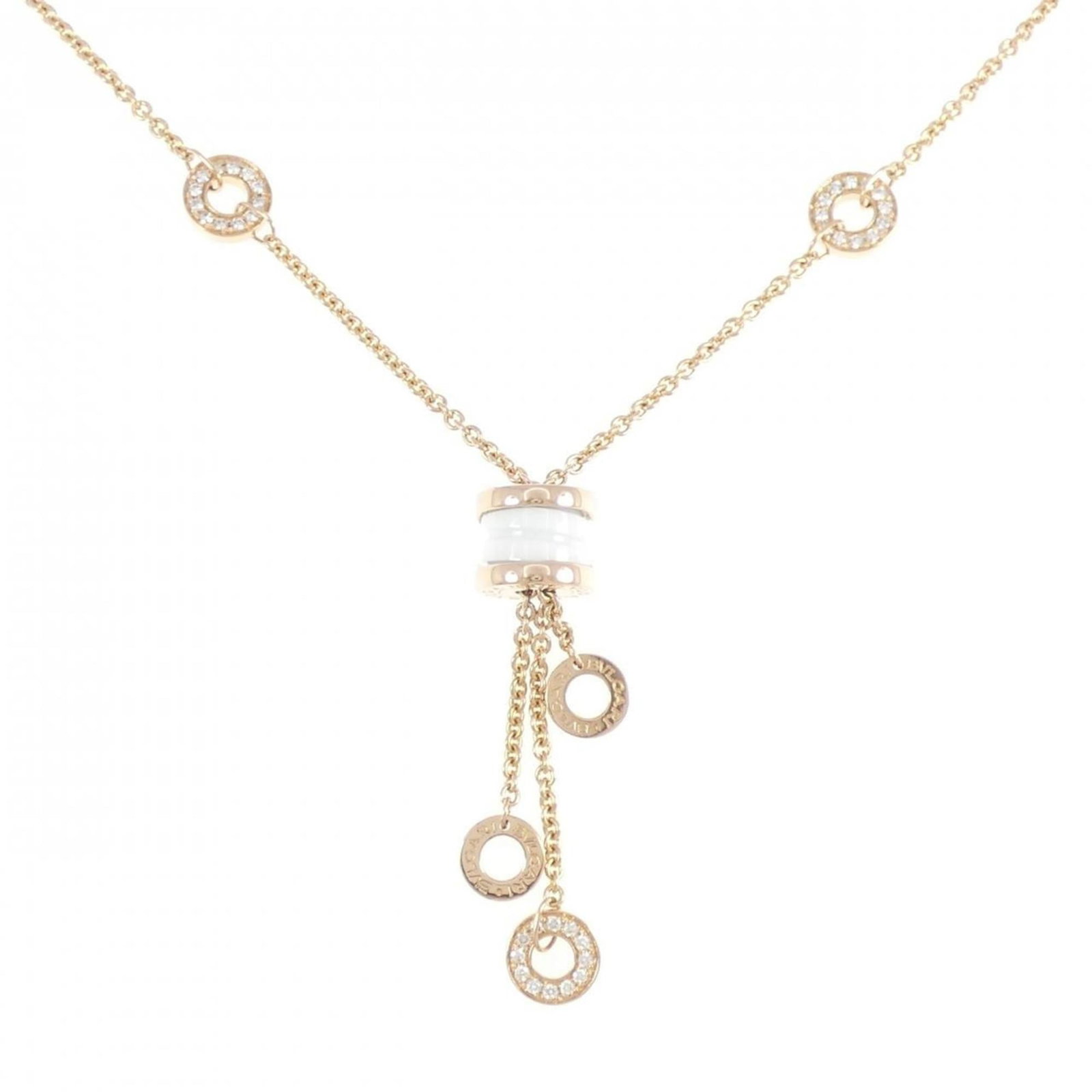 Bvlgari B.Zero1 Necklace: Bvlgari B.Zero1 Necklace Bvlgari B.Zero1 Necklace features a striking pink gold pendant adorned with a white diamond, set against a ceramic base. The necklace boasts a sleek design and adjustable leng
