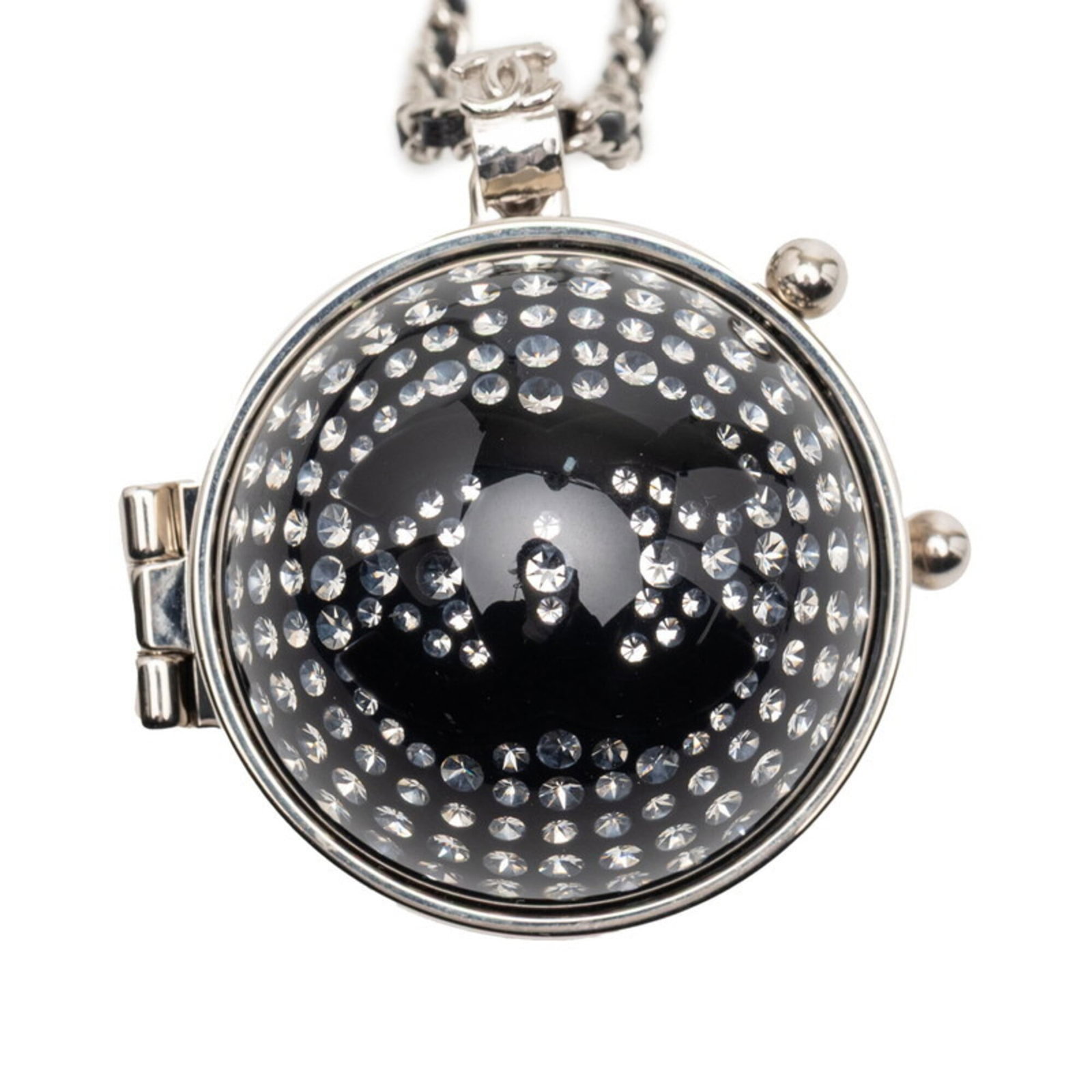 Silver Chanel Metal Leather Rhinestone Mirror Black Women's Coco Necklace (1 of 7)
