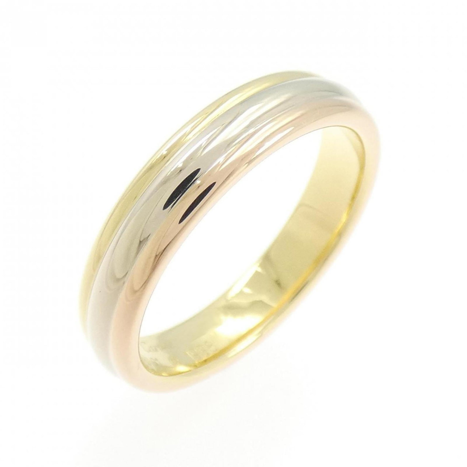 Cartier Pink 18k White 18k Yellow Gold Ring Band: Cartier Pink 18k White 18k Yellow Gold Ring Band Pink gold, white gold, and yellow gold come together in this elegant Cartier band ring. The subtle combination of these precious metals adds depth to t