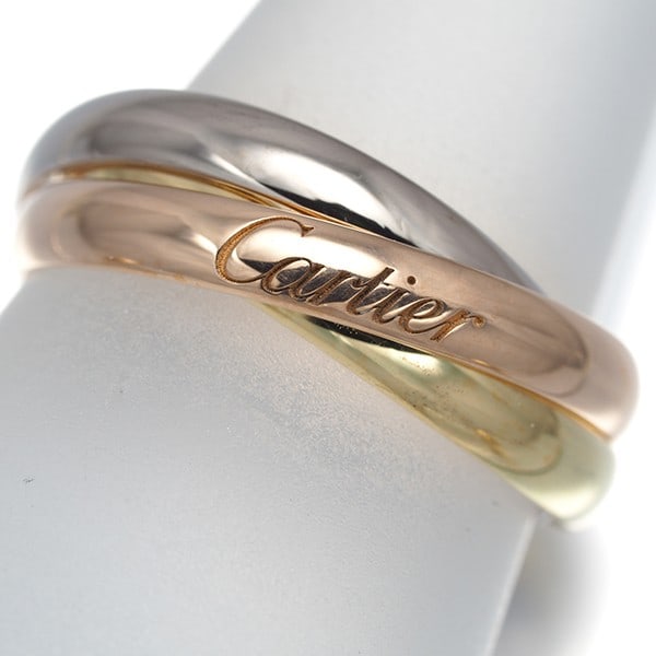 Cartier Ring Trinity 3Color Sm Eu51 18K 750 Yellow White Rose Gold: Cartier Ring Trinity 3Color Sm Eu51 18K 750 Yellow White Rose Gold Cartier's Trinity ring boasts a striking multi-tone gold design, featuring 18k yellow and white rose gold. This iconic piece from the