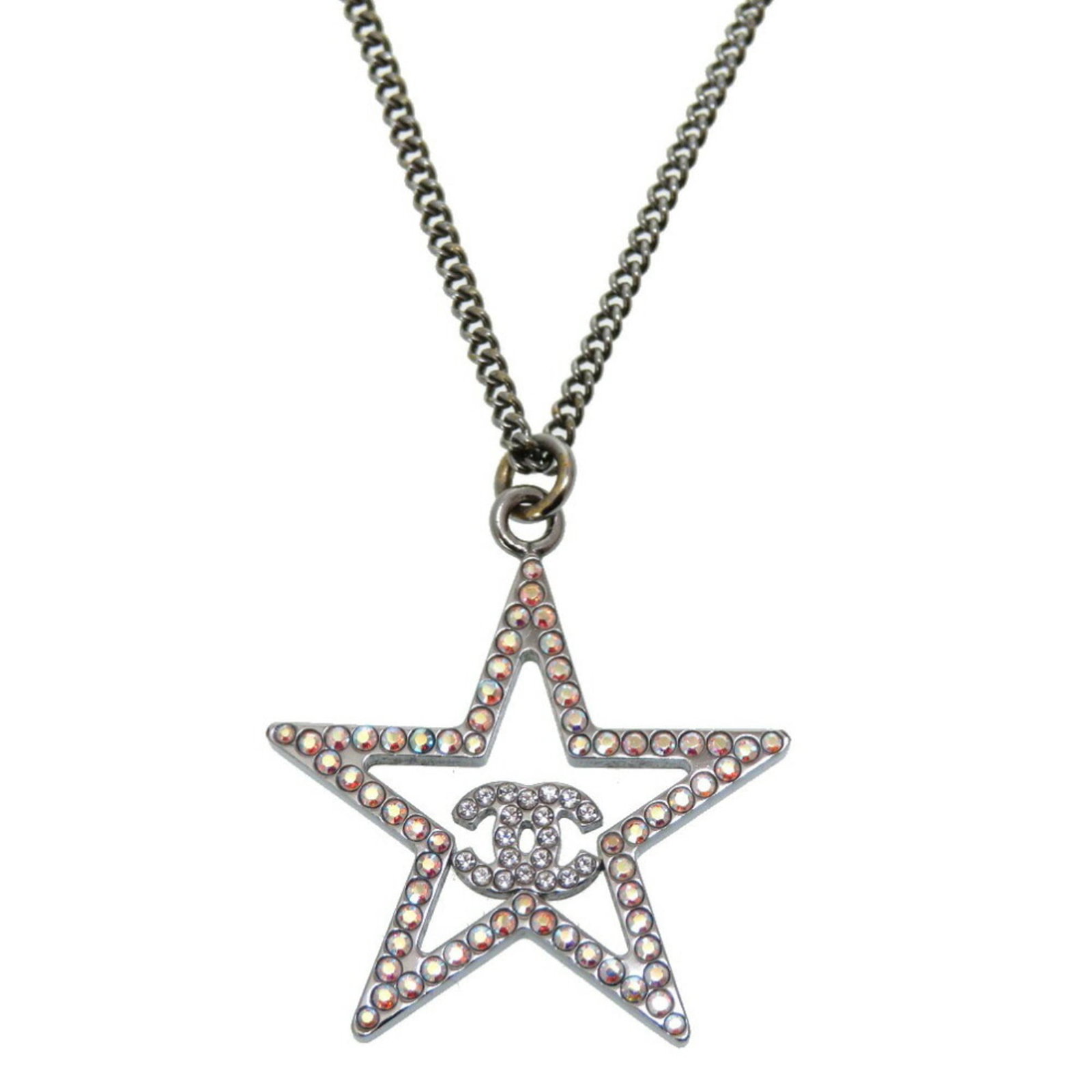 Silver Cocomark Star Necklace B17 Chanel 0242: Silver Cocomark Star Necklace B17 Chanel 0242 Silver Cocomark Star Necklace in iconic Chanel style B17, featuring a striking metallic design. This elegant necklace boasts a 27mm x 27mm pendant and