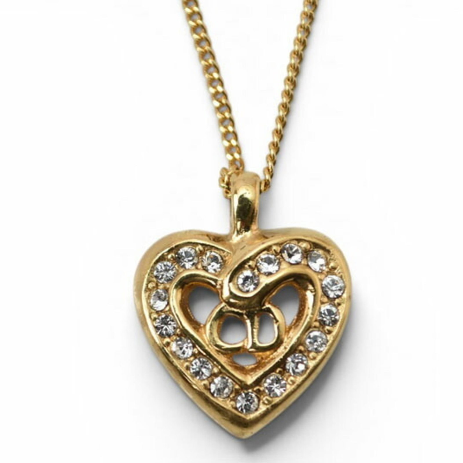 Christian Dior necklace choker heart motif rhinestone gold.: Christian Dior necklace choker heart motif rhinestone gold. Gold rhinestone heart motif necklace choker from Christian Dior, featuring an 18mm x 15mm pendant with a 38-42cm adjustable neck