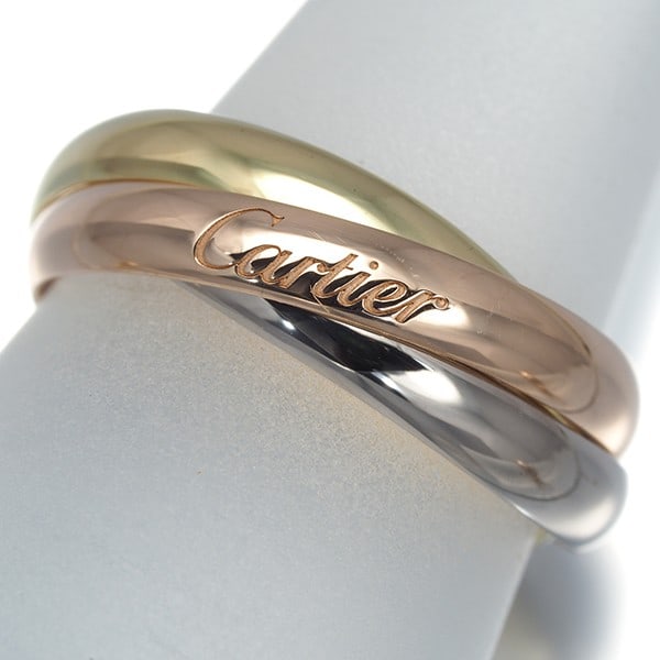 Cartier Ring Trinity 3Color Sm Eu48 18K 750 Yellow White Rose Gold: Cartier Ring Trinity 3Color Sm Eu48 18K 750 Yellow White Rose Gold Multi-tone gold metal Cartier Trinity Ring features an 18k yellow and white rose gold design, with no main stone. This EU48 size