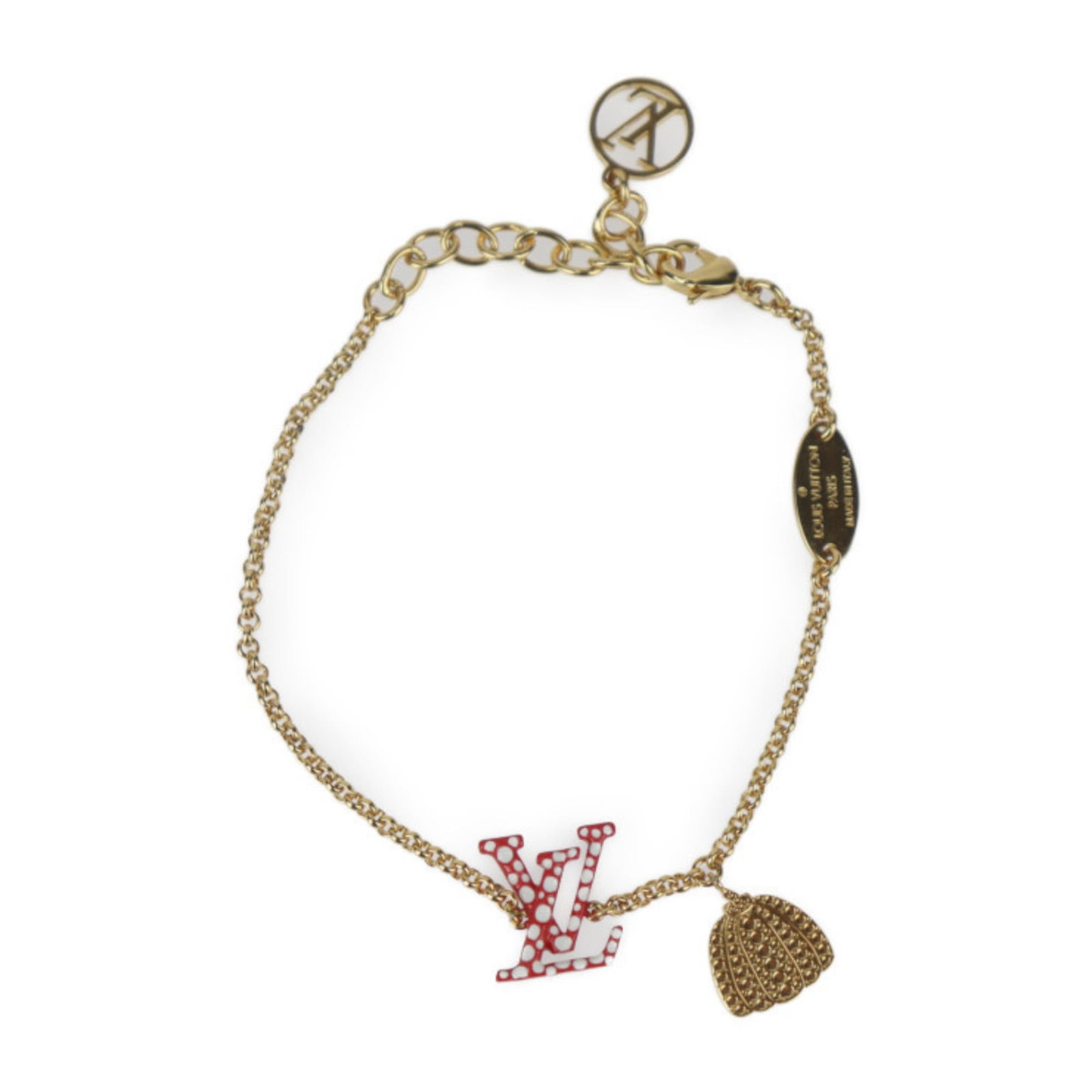 Charm of Louis Vuitton Metal: Charm of Louis Vuitton Metal Charm of Louis Vuitton Metal, a stylish gold, red, and white metal charm bracelet with a total length of 20.5cm / 8.07'' and a diameter of 19cm / 7.48''. Made from high-qu