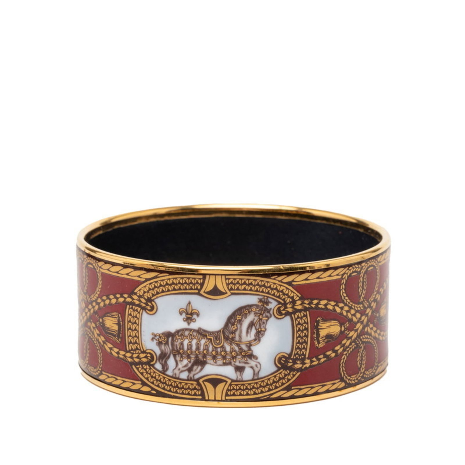 Hermes Bangle Cloisonn/ Enamel Gold Plating: Hermes Bangle Cloisonn/ Enamel Gold Plating Gold-plated cloisonn? enamel bangle from Hermes, with multi-color details and a classic design. Measuring 19.5cm in length and 3cm in width, this bangle