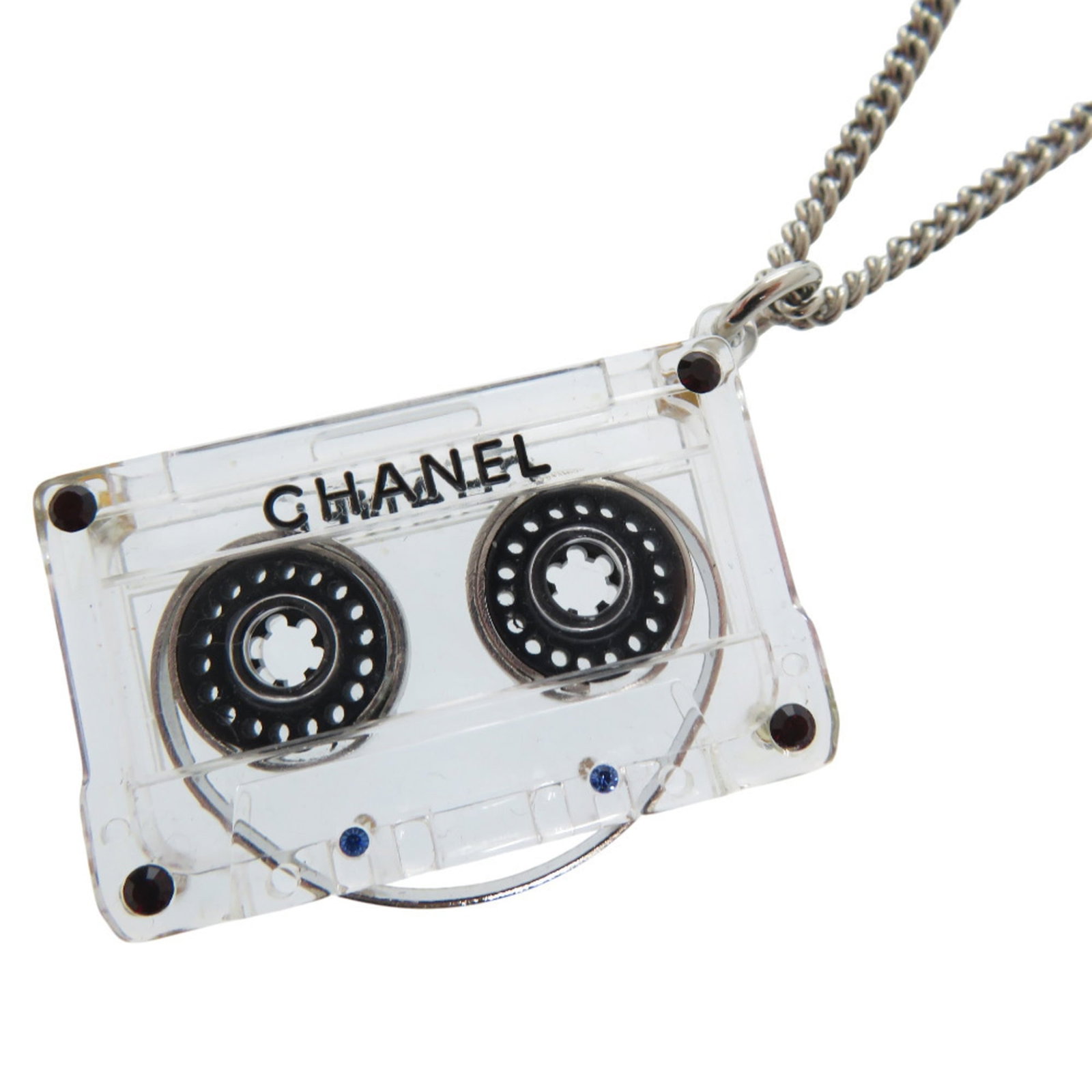 Rhinestone Necklace Cassette Tape Plastic Clear Chanel: Rhinestone Necklace Cassette Tape Plastic Clear Chanel Used Chanel Necklace Cassette Tape Plastic Clear Rhinestone Necklace, featuring a unique combination of blue, clear, and red rhinestones on a pla