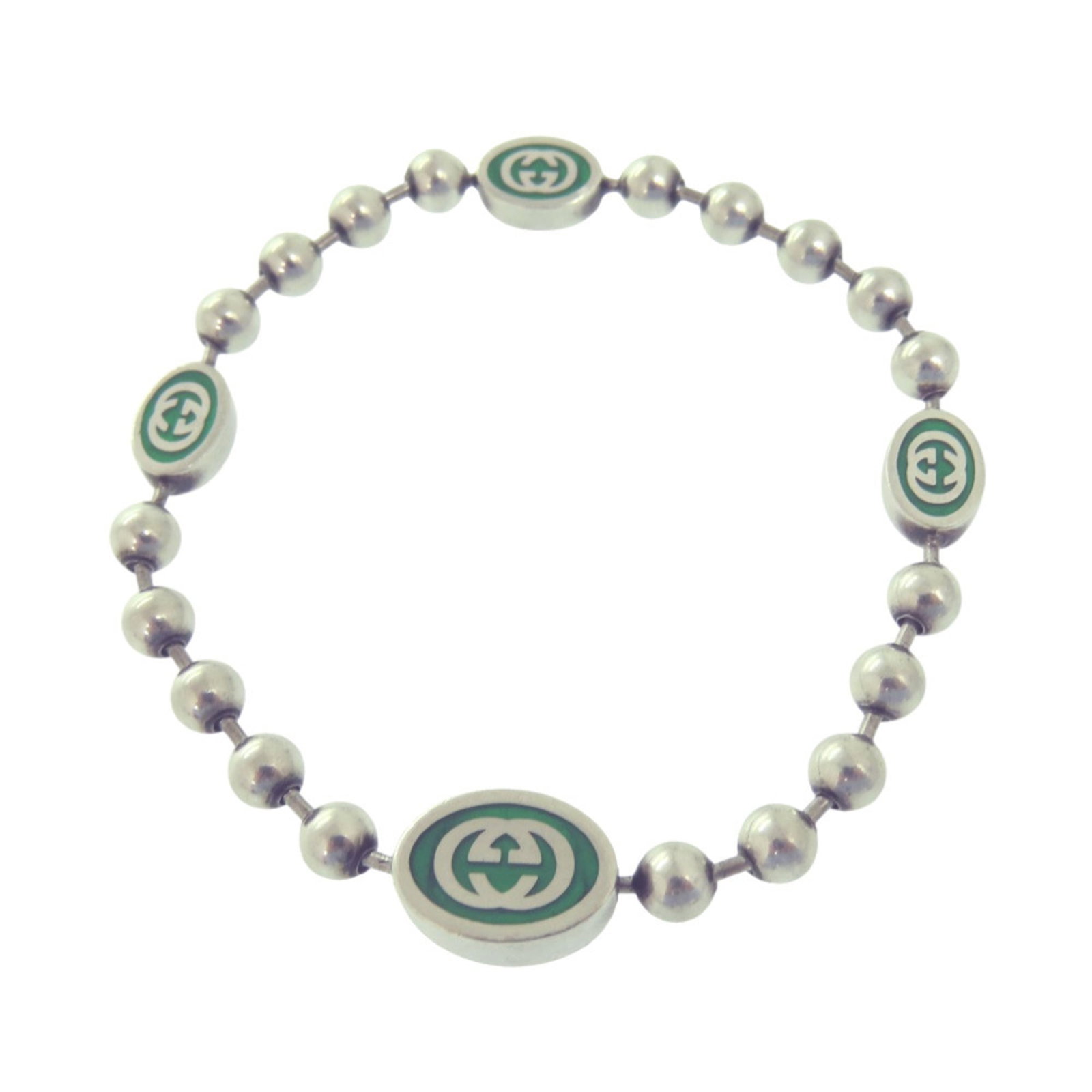 Gucci Charm Bracelet Silver 925: Gucci Charm Bracelet Silver 925 Silver 925 Gucci Charm Bracelet with a subtle green hue, featuring a classic charm design. The bracelet measures 17.5cm in length and showcases signs of previous use, i