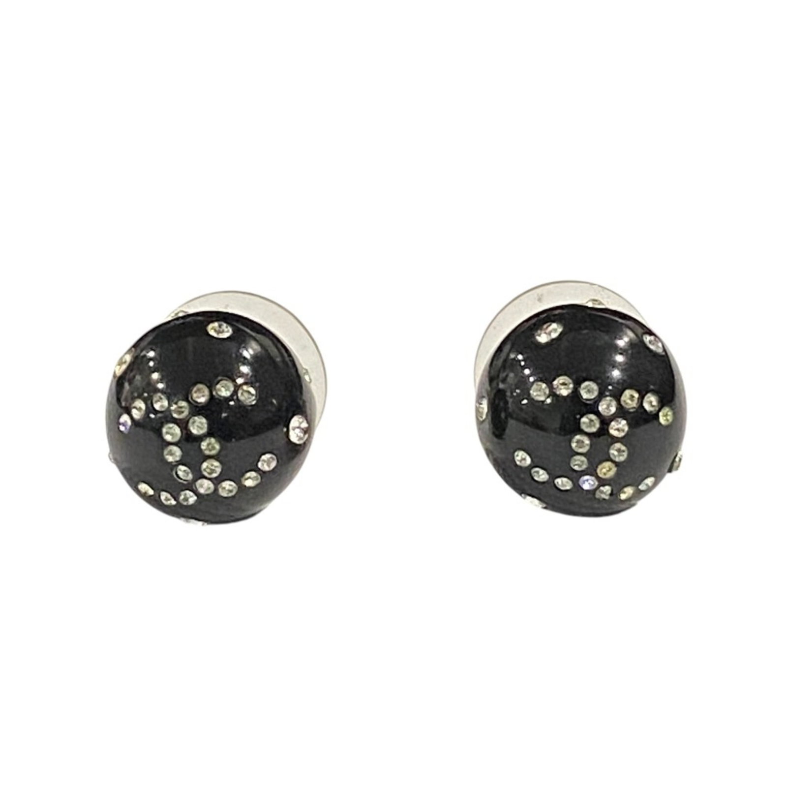 Plastic Rhinestone Stud Earrings Chanel: Plastic Rhinestone Stud Earrings Chanel Plastic Rhinestone Stud Earrings in Black, inspired by the iconic designs of Chanel. Made from durable plastic and adorned with sparkling rhinestones, these