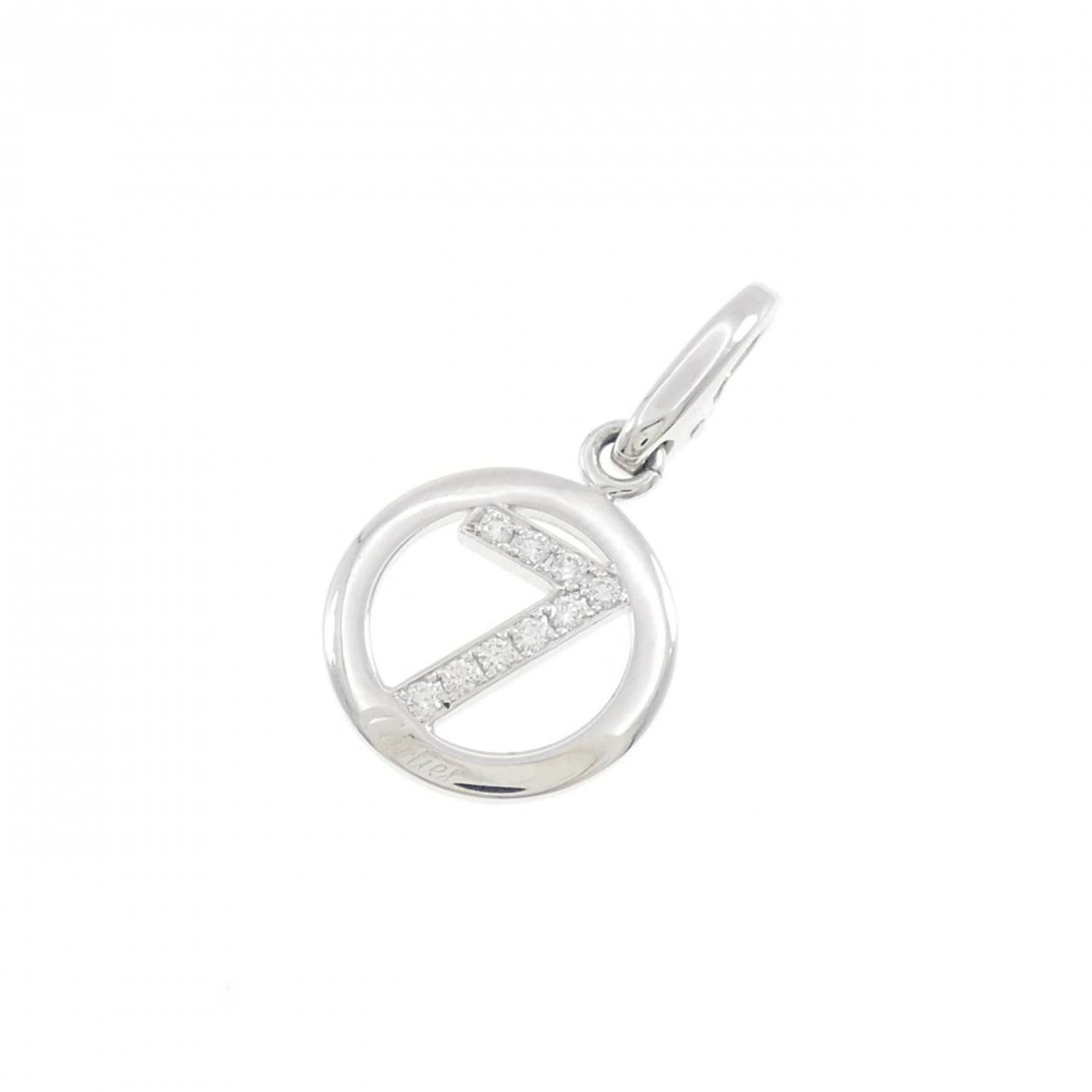 No. 7 by Cartier: No. 7 by Cartier No. 7 by Cartier, a stunning white gold pendant featuring a diamond, is presented in like new condition with hardly any traces of usage. This 25.5mm x 13.7mm pendant boasts a sleek