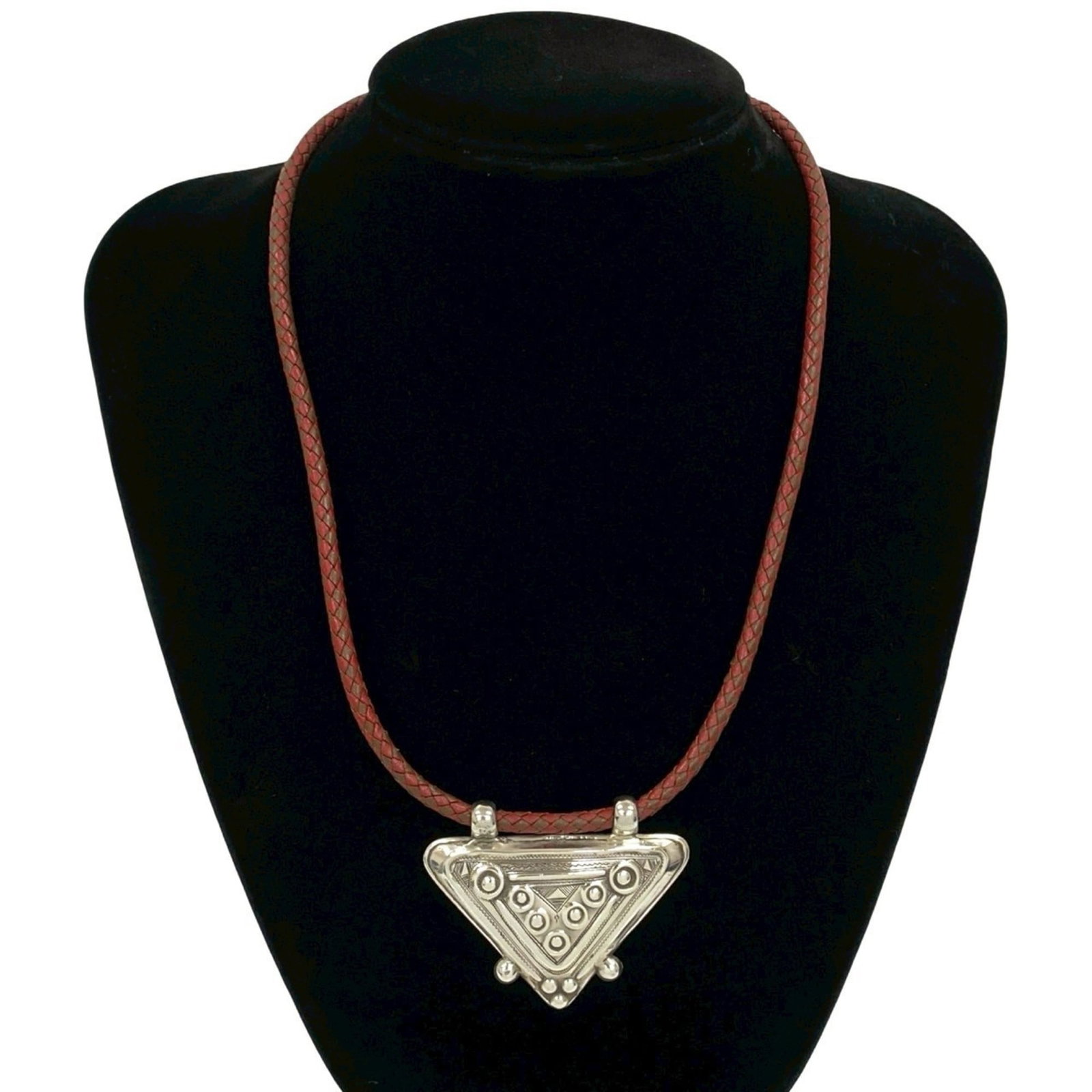 Sterling silver pendant leather necklace red brown choker touareg hermes (1 of 5)