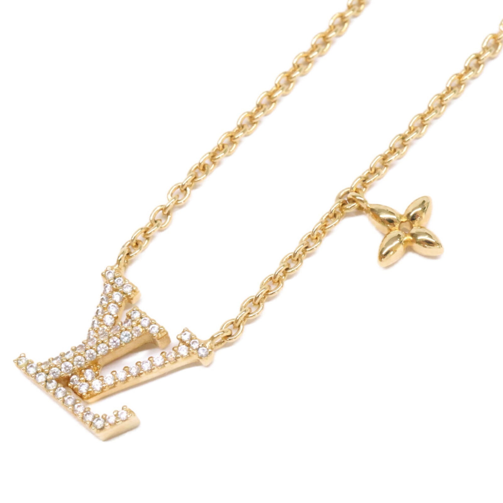 Iconic gold necklace women's 25th anniversary model Lv Louis Vuitton: Iconic gold necklace women's 25th anniversary model Lv Louis Vuitton Gold necklace from Louis Vuitton's 25th anniversary model, featuring a gold pendant with a 12mm x 12mm design. The necklace has a