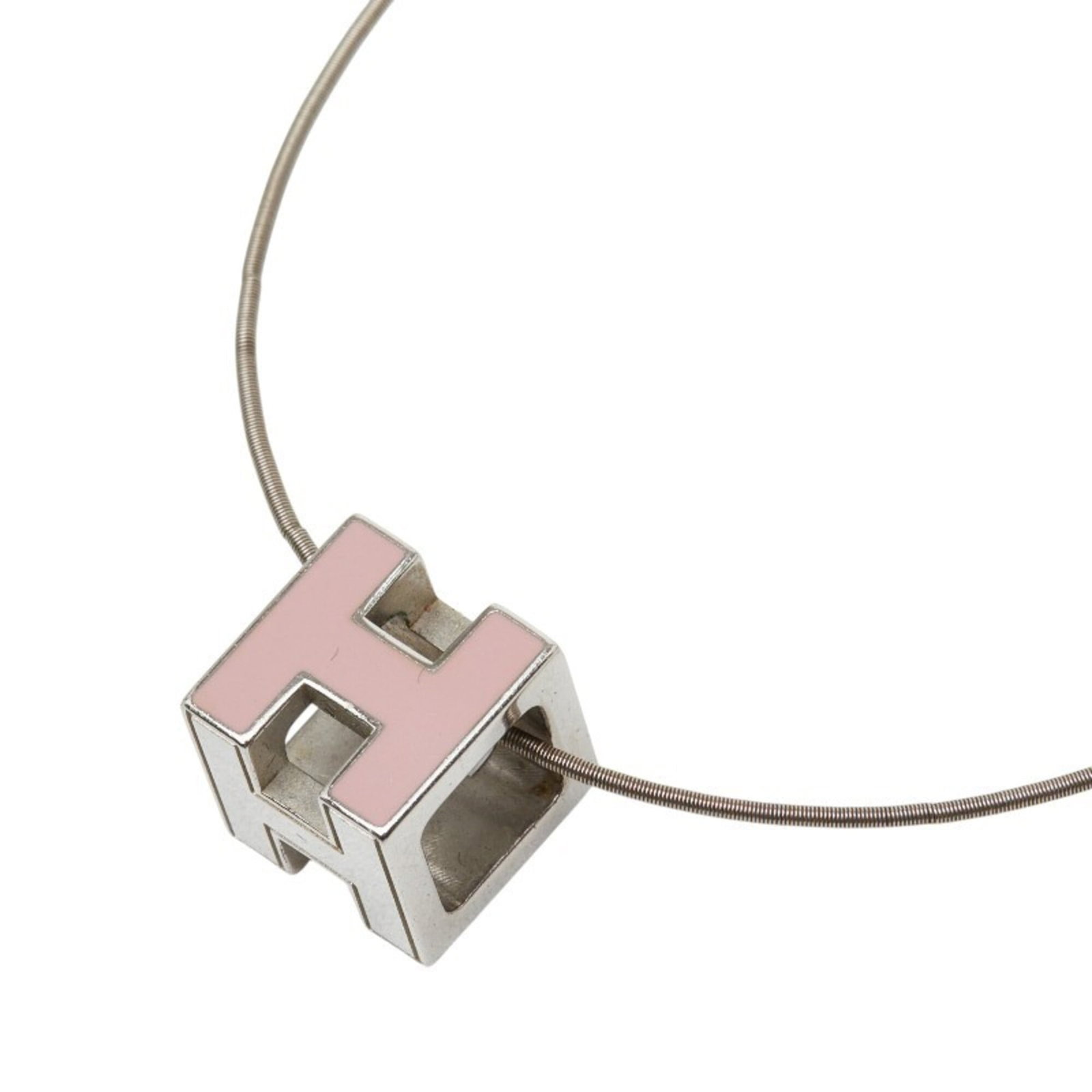 Cage D'H H-Cube Necklace Silver Pink Metal Women's Enamel Hermes: Cage D'H H-Cube Necklace Silver Pink Metal Women's Enamel Hermes The Cage D'H H-Cube Necklace in silver pink metal features an enamel design reminiscent of the iconic Hermes style. This women's